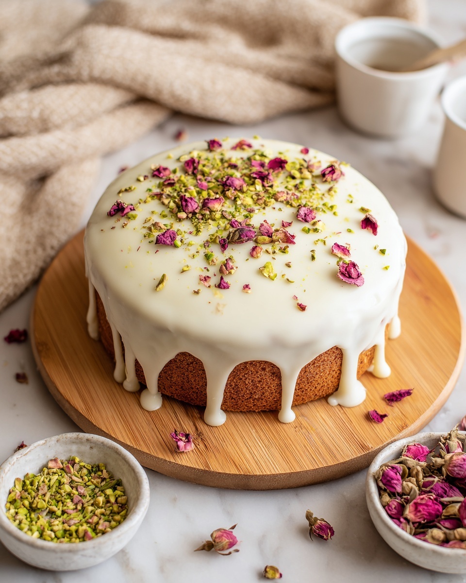 A single-layer round cake sits on a light wooden board with a beige textured cloth nearby. The cake has a thick, white icing layer covering its top, with bits of green pistachios and small red rose petals scattered evenly over the white surface. The icing drips slightly over the edges. Around the board, on a white marbled surface, there are two small white bowls filled with pistachios and dried rose buds. Photo taken with an iphone --ar 4:5 --v 7