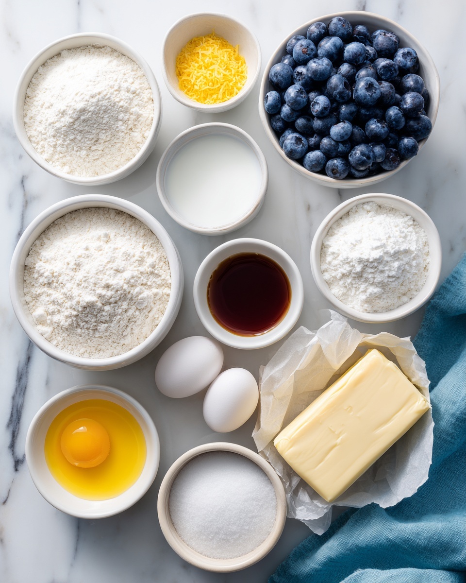 The image shows a top view of several small white bowls and a block of butter arranged neatly on a white marbled surface. There are 13 containers in total, holding ingredients like white flour, granulated sugar, powdered sugar, beaten eggs, white and brown liquids, yellow zest, and a bowl filled with fresh blueberries. The butter block lies near the center, partially wrapped in paper. A soft blue cloth is placed to the right side, adding a hint of color contrast. The clear and bright setting makes the colors of the ingredients stand out vividly. photo taken with an iphone --ar 4:5 --v 7