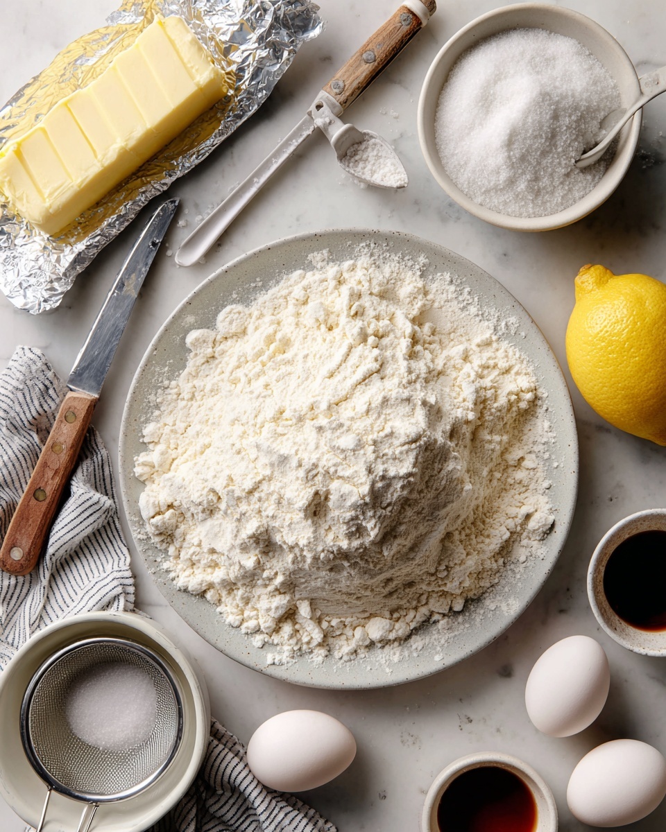 A flat white speckled plate filled with a mound of white flour and a metal measuring cup partly buried in the flour sits center on a white marbled surface. At the top left, a partially opened stick of pale yellow butter wrapped in silver foil rests next to a knife with a wooden handle laying diagonally. Near the bottom center is a white bowl with powdered sugar inside a metal sieve, positioned on top of it. To the right of the flour plate is a whole yellow lemon. A white bowl with granulated sugar and a white spoon sticking out is below the lemon. There are three whole eggs, two white and one brown, scattered around near the bottom right. Small white dishes contain a dark brown liquid, salt, and baking soda, placed around the main flour plate. A striped cloth is partially visible on the left side, under some of the small bowls. The whole scene is clean and neatly arranged. photo taken with an iphone --ar 4:5 --v 7