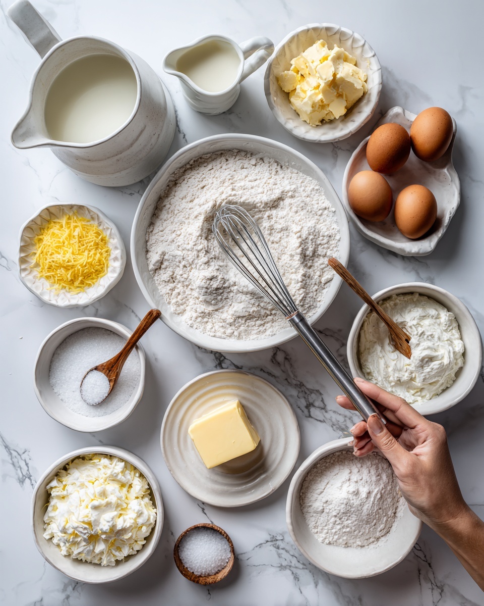 The image shows many small white bowls and plates with baking ingredients on a white marbled surface. In the center, there is a large white bowl full of white flour with a metal whisk inside. Around it, three brown eggs rest in a white bowl, and next to them is a small white bowl with yellow lemon zest. A white bowl holds a square of pale yellow butter, and next to it is a white saucer with granulated white sugar. A white pitcher contains melted yellow butter, with a white bowl nearby holding white powdered sugar with a spoon inside. A small white bowl has white granulated sugar with a wooden spoon. There is also a white pitcher filled with white milk, and a white bowl holds cream cheese with a slice of lemon beside it. A woman's hand is holding a small piece of lemon near the side. Photo taken with an iphone --ar 4:5 --v 7