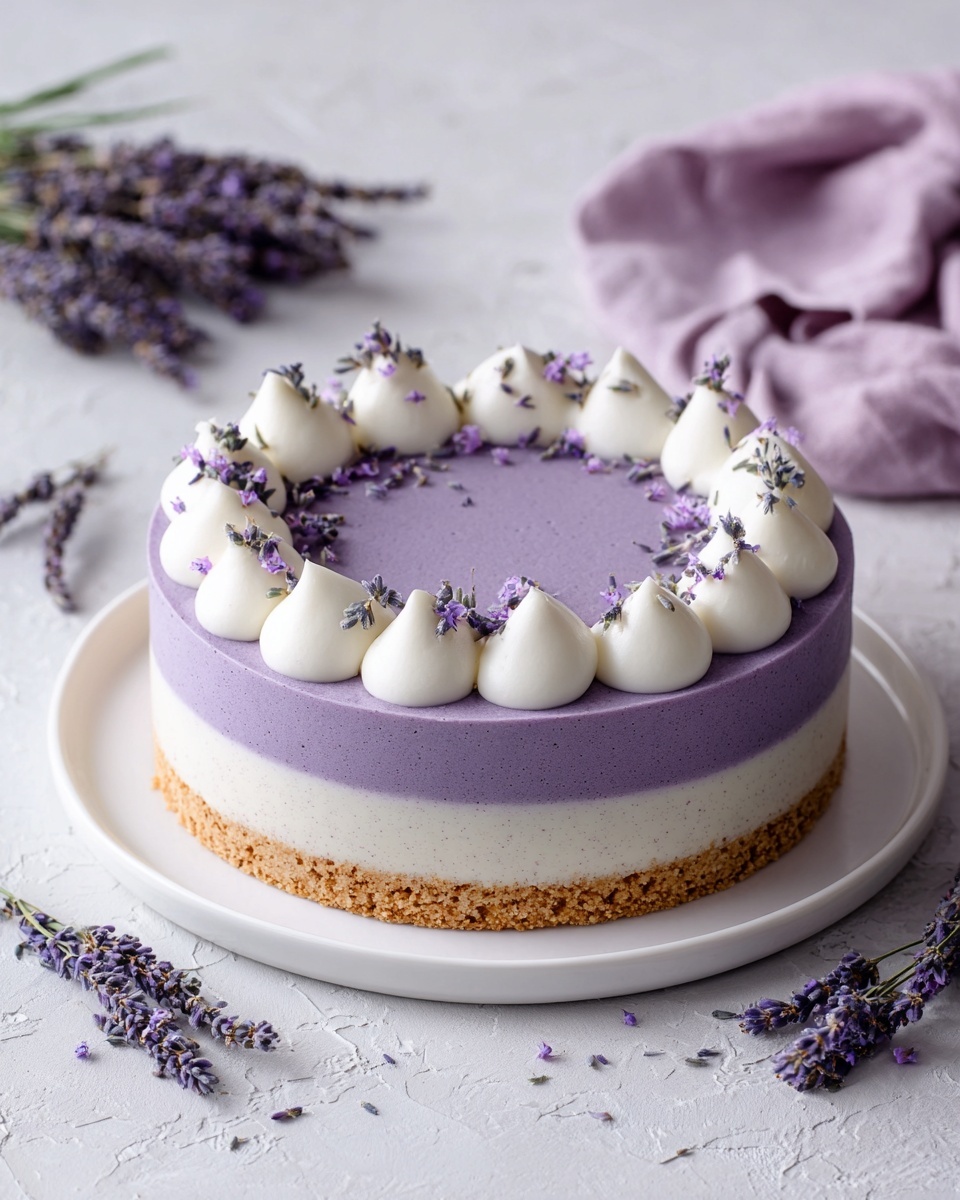 A round, three-layer cheesecake sits on a white plate on a white marbled surface. The bottom crust layer is light brown and crumbly, the middle layer is lavender purple and smooth, topped with small lavender flower petals scattered across the surface. The edge is lined with white whipped cream dollops, and a single sprig of lavender lies diagonally on top of the cake. Around the cake on the surface are more thin lavender sprigs, with a soft purple cloth placed nearby. Photo taken with an iphone --ar 4:5 --v 7