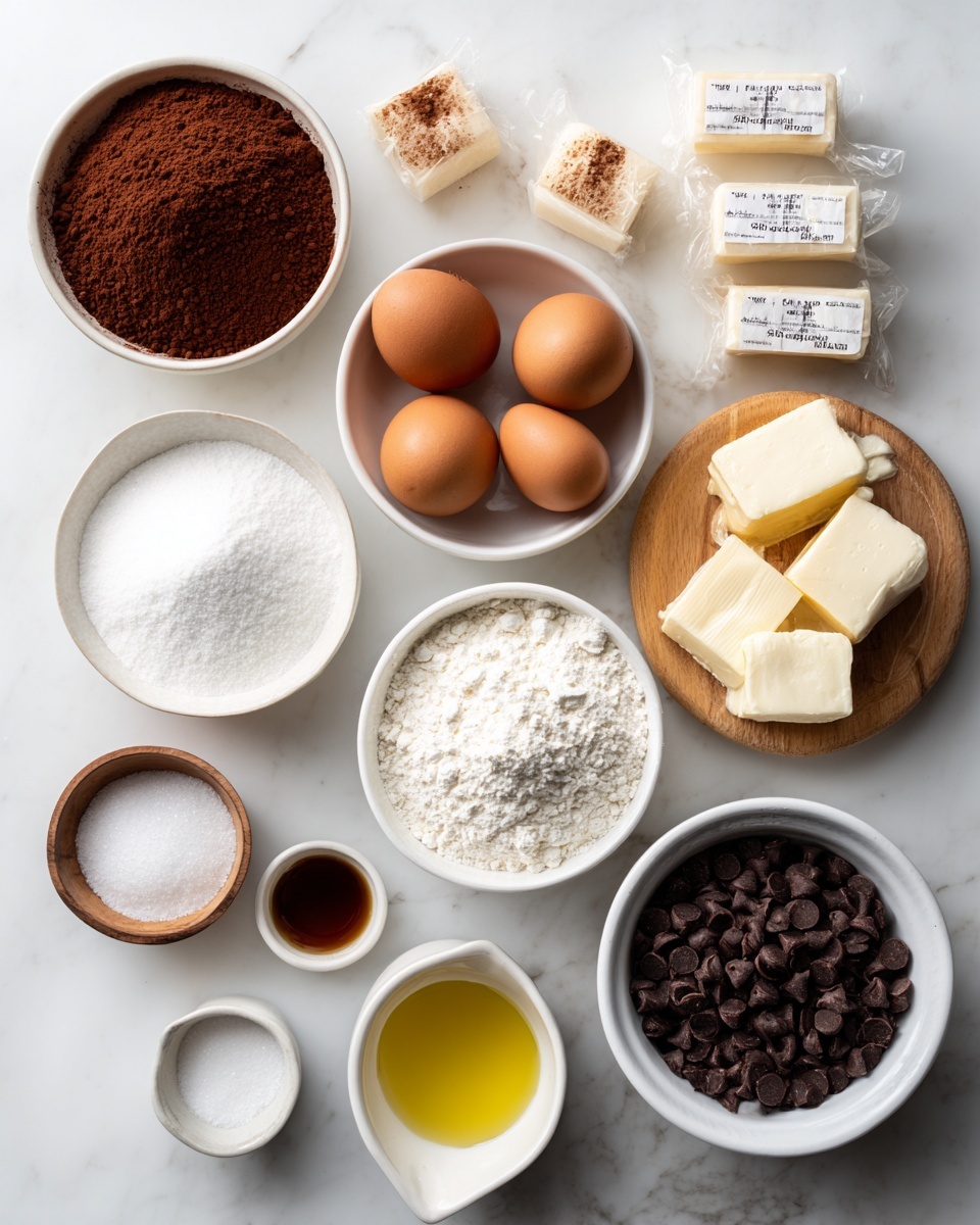 The image shows several white bowls and cups arranged neatly on a white marbled surface, holding baking ingredients. There is one large bowl filled with white sugar near the center, a smaller bowl with granulated white flour to the left, and a medium bowl with cocoa powder above the flour. A white bowl with six brown eggs is placed above the sugar, and another small white bowl contains light brown sugar beside it. Four small wrapped butter blocks with measurement labels are lined up in the top right corner. To the right of the brown sugar bowl, a white bowl is filled with dark chocolate chips. Below, a small white cup holds vanilla extract, next to a small wooden bowl with baking soda and a white cup with a light yellow liquid, likely oil or melted butter. Finally, a tiny white bowl with salt is below the flour bowl. The arrangement is clean and organized for baking preparation, photo taken with an iphone --ar 4:5 --v 7