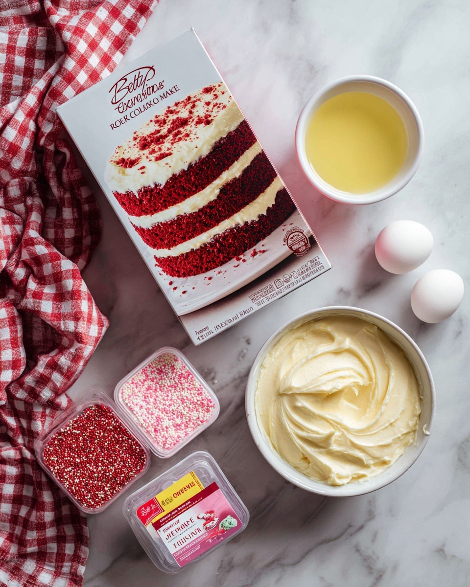 The image shows several baking items placed on a white marbled surface. On the left, a box of Betty Crocker Super Moist Red Velvet Cake Mix is visible, featuring a picture of a two-layer red velvet cake with creamy white frosting between the layers and on top, sprinkled with red crumbs. Near the center right, there is a white bowl filled with a light yellow liquid, likely oil. To the right of the bowl, two white eggs are placed closely. In the bottom right corner, a container of Duncan Hines Whipped Cream Cheese Frosting stands upright, with pink and yellow labels. Below the cake mix box, two clear plastic spice containers filled with red and pink sprinkles are stacked one on top of the other. A red and white checkered cloth is partly seen on the right side. The lighting is soft and bright. photo taken with an iphone --ar 4:5 --v 7