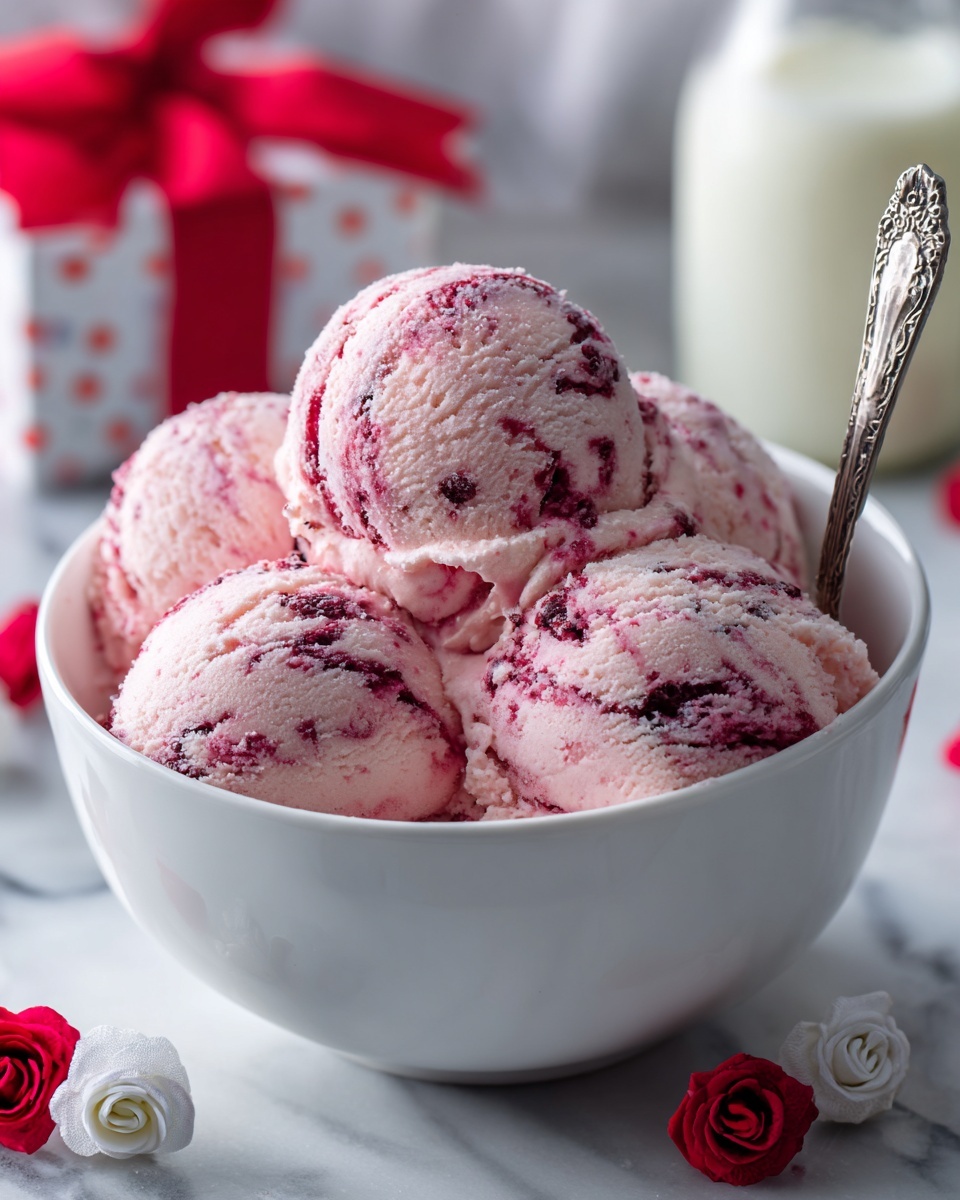 A white bowl filled with about eight scoops of pink and red swirled ice cream, with rough textures showing mixed red streaks throughout the creamy pink base. A silver spoon with a detailed handle rests on the right edge of the bowl. The bowl sits on a white marbled surface scattered with small red and white paper hearts, red rose petals, and a few small white flowers. In the blurred background, a glass bottle filled with white liquid and a red gift box tied with a ribbon add to the setting. Photo taken with an iphone --ar 4:5 --v 7