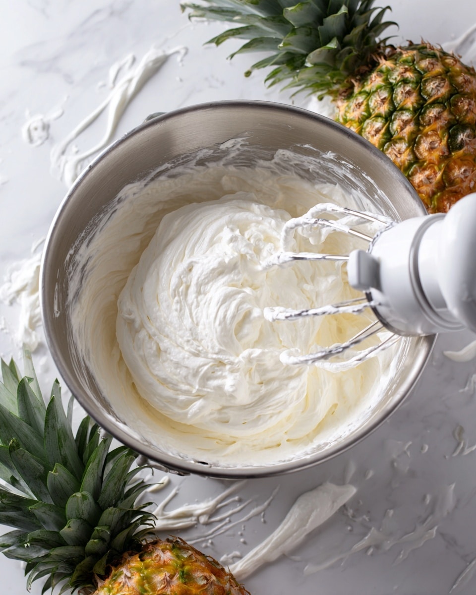 A large metal bowl filled with smooth, white whipped cream that shows soft peaks and light texture. The bowl is on a white marbled surface with splashes of cream around it. Part of a white electric mixer with metal beaters is in the bowl, whipping the cream. A whole pineapple with green leaves and yellow skin is partly visible in the background on the white marbled surface. photo taken with an iphone --ar 4:5 --v 7