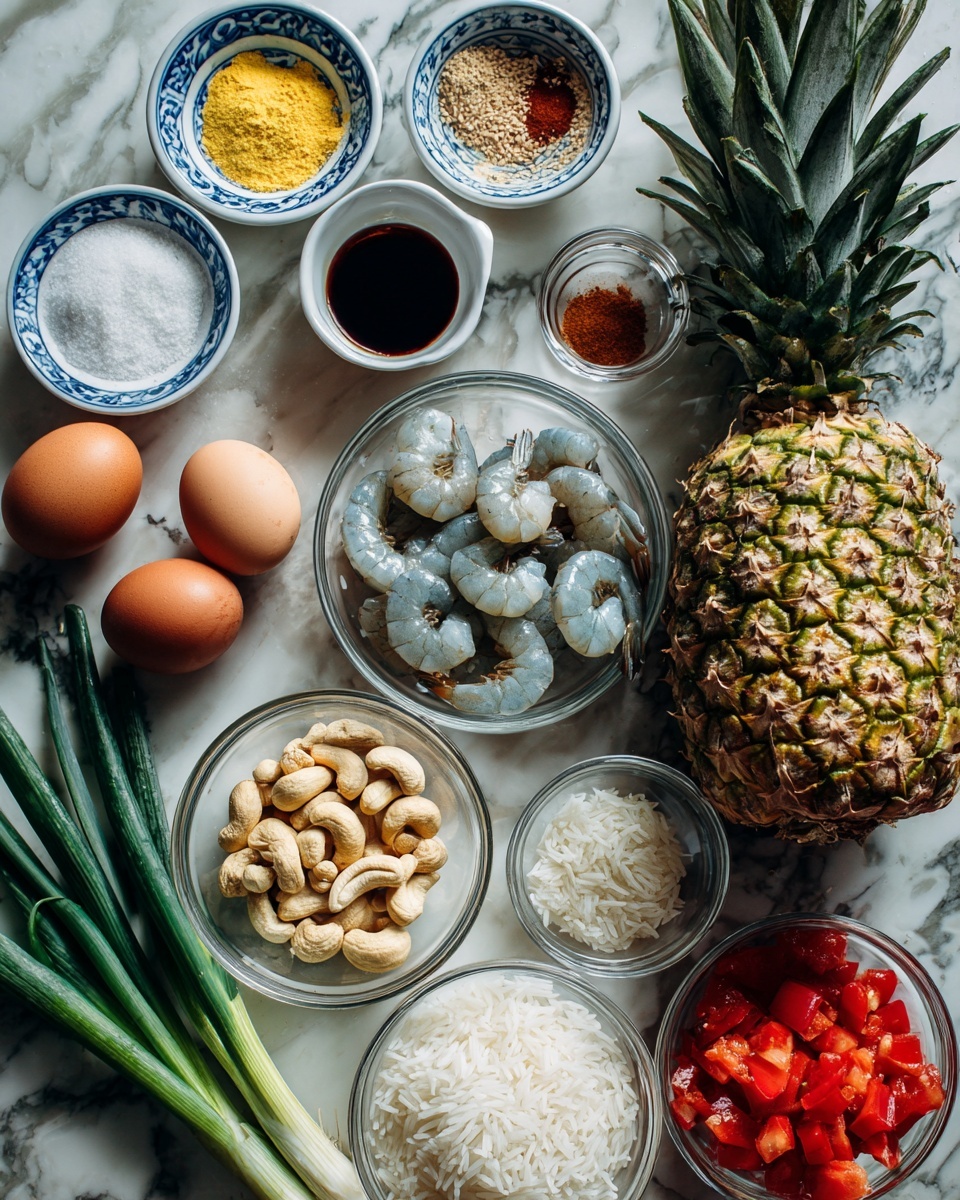 A whole pineapple with rough green and yellow skin sits on a white marbled surface. To its left, there are small white bowls with blue rims holding a yellow spice, dark brown liquid, white salt, light brown liquid, white granules, and sesame seeds. Nearby, two brown eggs rest beside a small glass bowl of red diced tomatoes. Below, there are glass bowls with uncooked gray shrimp and diced white onions. Two green onions with white bulbs and long green stems lie flat next to the bowls. A small glass bowl with light brown cashew nuts is placed near the center. A larger glass bowl of cooked white rice rounds out the scene. The photo is taken with an iphone --ar 4:5 --v 7