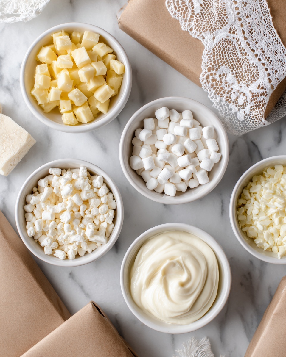 The image shows five small white bowls arranged on a white marbled surface. Four of the bowls are filled with different white and light-yellow food items: one with small yellow chunks that look soft, another one filled with mini white marshmallows, one with a white crumbly texture, and two bowls with smooth white creamy swirls. Two brown paper packages are placed beside the bowls on the marble surface, near a lace-edged white cloth napkin. The photo was taken with an iphone --ar 4:5 --v 7