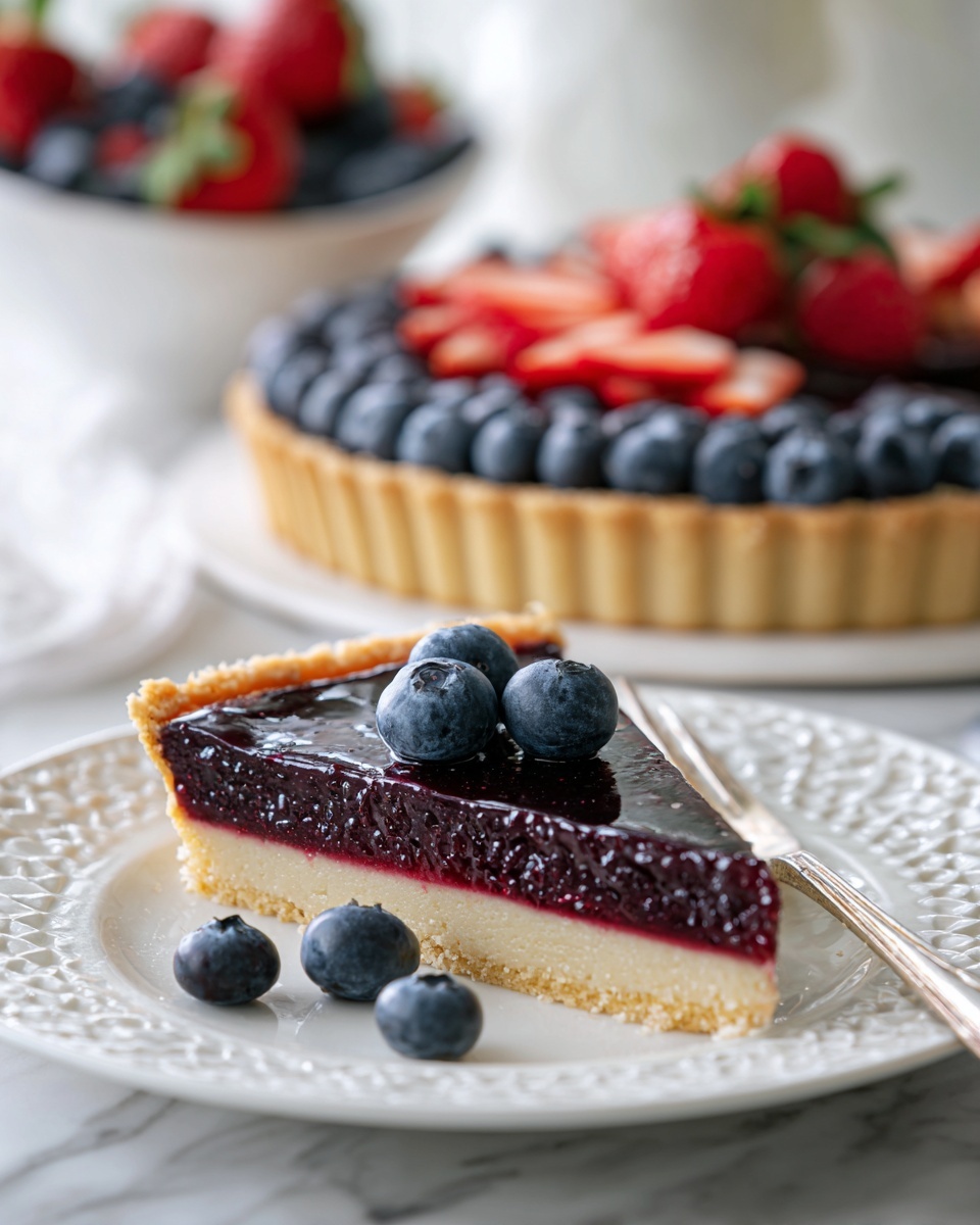 A slice of smooth, deep purple tart sits on a white plate with a subtle cross pattern. The tart has two visible layers: a golden, crumbly crust at the bottom and a thick, glossy purple filling on top. On the very top of the slice are three plump, fresh blueberries. Behind it, the rest of the tart is on a white plate, decorated with a neat row of sliced strawberries, whole blueberries, and a single raspberry. To the right, a white bowl is filled with strawberries, raspberries, and blueberries. Some loose blueberries scatter over a white marbled surface. A silver fork rests near the tart slice. Photo taken with an iphone --ar 4:5 --v 7