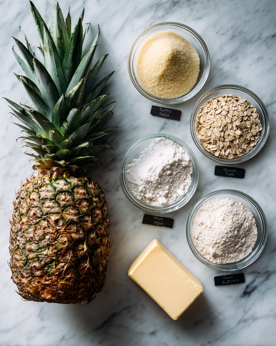 A whole pineapple with green spiky leaves and a rough yellow-brown skin is placed on the left side of a white marbled surface. Surrounding it are small clear glass bowls filled with white flour, light brown sugar, white corn starch, and light tan rolled oats, each labeled with black tags. A small rectangular block of pale yellow butter is also on the surface near the bottom left. The items are all spaced out neatly on the white marbled background. photo taken with an iphone --ar 4:5 --v 7