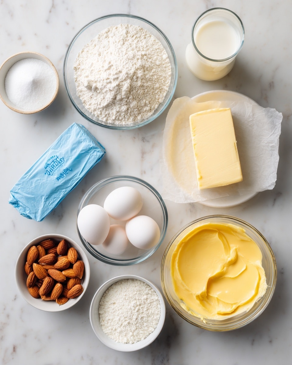 The image shows ingredients for baking arranged on a white marbled surface. There are nine items: a clear glass bowl filled with white flour near the top center, a small round white bowl with white sugar to the left, a tall glass of milk on the upper right side, a stick of butter wrapped in paper beside the milk, a blue packet of cream cheese on the left middle, a clear bowl with a dozen almonds in the center, two white eggs placed below the almonds, a large clear bowl filled with yellow butter mixture on the right middle, a white bowl filled with white granulated sugar at the bottom left, and a white bowl with melted yellow butter on the bottom right. Everything is neatly spaced and the colors contrast softly with the white marbled background. photo taken with an iphone --ar 4:5 --v 7