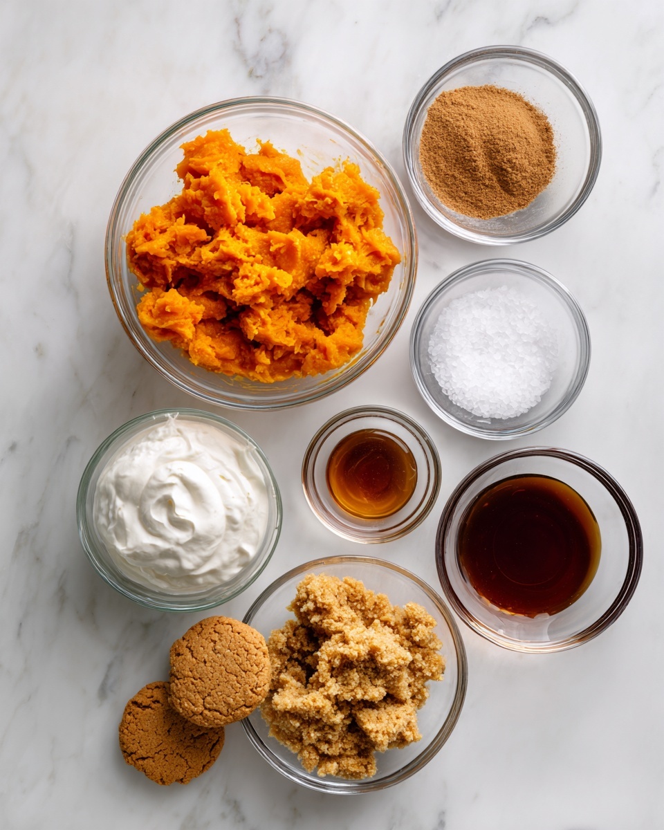The image shows seven clear glass bowls arranged on a white marbled surface, each containing different ingredients. At the center is a bowl with chunky, bright orange pumpkin puree. Above it to the right is a smaller bowl with light brown pumpkin spice powder, next to another small bowl holding white salt crystals. To the far right is a bowl filled with dark amber maple syrup. In the lower right corner, there is a bowl with crumbly, golden-brown cookie crumbles, with two whole cookies next to it. To the left of the pumpkin puree is a bowl of thick, white coconut cream, and finally, in the upper left corner, a small bowl holds a dark amber vanilla liquid. Each element stands out clearly with its unique color and texture on the white marbled surface photo taken with an iphone --ar 4:5 --v 7