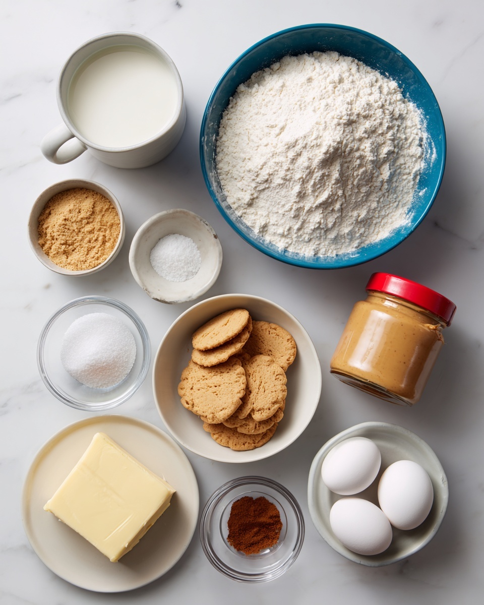 A top-down view of baking ingredients arranged neatly on a white marbled surface. The largest item is a blue bowl filled with white flour, positioned on the left. Above it, to the left, is a white mug filled with milk. Next to the mug is a small white bowl filled with granulated sugar, with a small clear bowl of yeast below it. To the right, a small jar of creamy cookie butter with a red lid stands upright. Near the cookie butter, a white bowl holds light brown crushed biscuits. Below and slightly to the left are two rectangular pieces of pale yellow butter, with a small dark blue bowl of salt next to them. Directly below the salt is a small clear bowl filled with cinnamon powder. On the bottom right, a white bowl holds two white eggs. photo taken with an iphone --ar 4:5 --v 7