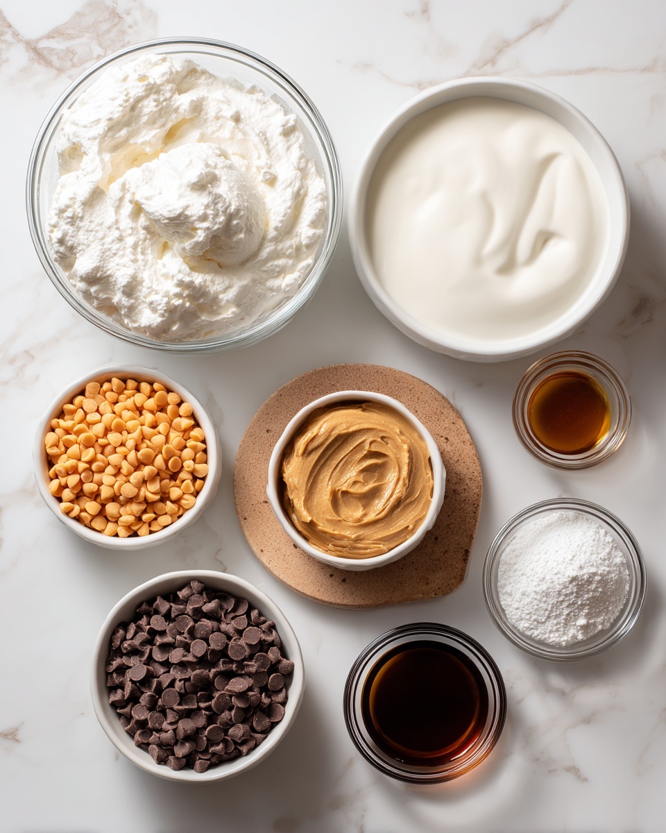 The image shows eight separate bowls and containers arranged neatly on a white marbled surface. There is a large clear glass bowl filled with white whipped cream in the top left, next to a small white bowl filled with light orange peanut butter chips. On the right side, a large white bowl holds a smooth white liquid. Below these, from left to right, there is a small white bowl with creamy beige peanut butter sitting on a wooden board, a medium white bowl filled with dry brown cocoa powder, a medium white bowl filled with mini round dark brown chocolate cups, a tiny clear glass bowl with white powder, and a very small clear bowl with dark brown vanilla extract. The scene is bright and clean, showing the ingredients clearly. photo taken with an iphone --ar 4:5 --v 7