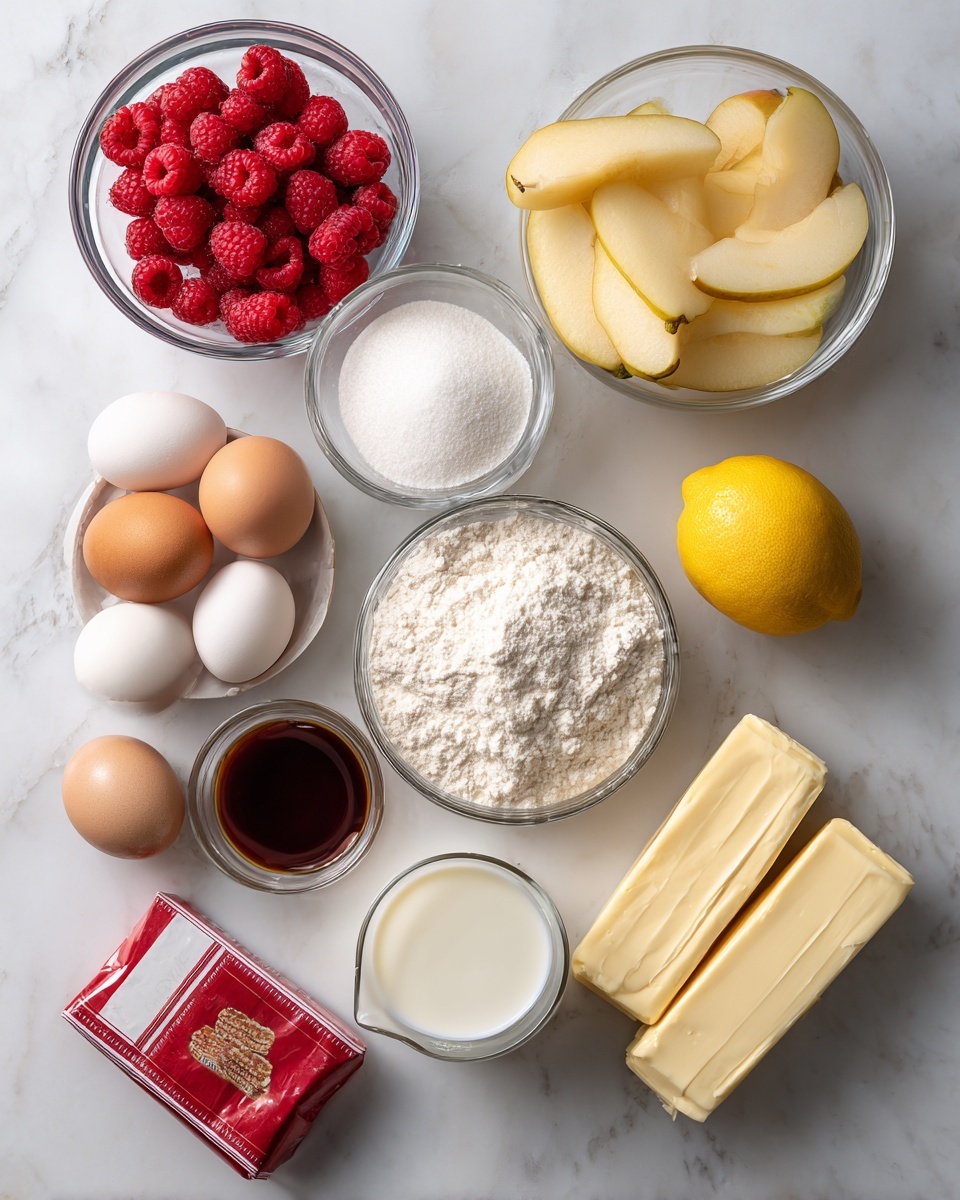 The image shows a top-down view of several ingredients arranged neatly on a white marbled surface. From top left to right are bright red raspberries in a small clear glass bowl, pale yellow pears sliced and placed in another clear glass bowl, a large clear glass bowl full of white granulated sugar, a smaller clear glass bowl with white flour and salt, and a whole yellow lemon. Below these, there is a small clear bowl of dark brown vanilla extract, two whole light brown eggs, and a clear measuring cup filled with white buttermilk. Next to the measuring cup, there are two sticks of unsalted butter wrapped in light yellow paper placed side by side. At the bottom of the frame, there is a red and white package of Biscoff cookies. The ingredients are all set on a clean, white marbled surface. Photo taken with an iphone --ar 4:5 --v 7