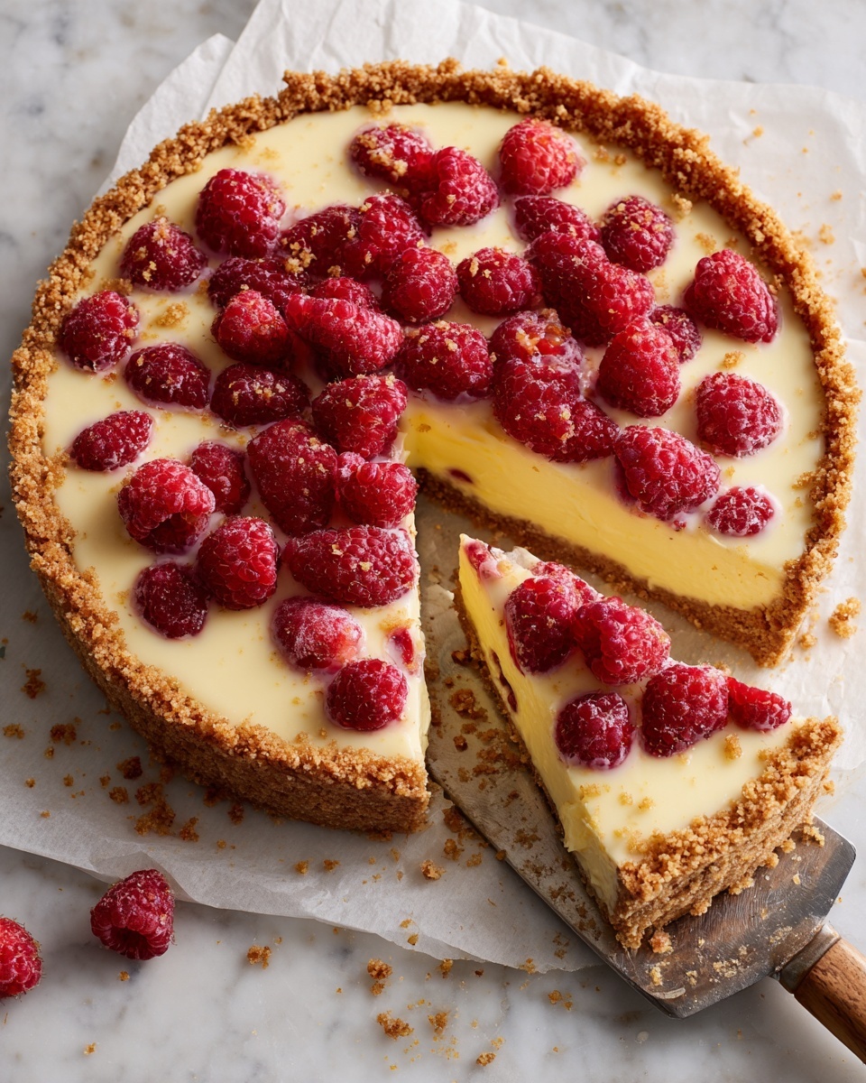 A round tart with a crumbly golden-brown crust forms the base and edges, filled with a smooth light yellow custard layer dotted with scattered whole raspberries, giving pops of red color throughout. The tart is sliced into several pieces with one slice slightly pulled out, showing the thickness of the crust and filling. The tart sits on crinkled white parchment paper on a white marbled surface. Nearby, a metal spatula with a wooden handle rests angled towards the tart, ready to lift another slice. The overall look is warm and inviting with a mix of smooth and crumbly textures. Photo taken with an iphone --ar 4:5 --v 7
