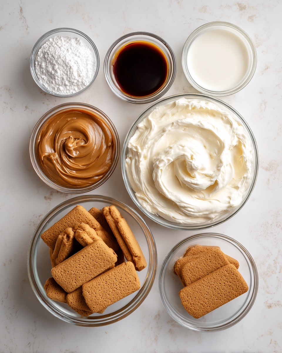 The image shows six clear glass bowls containing different ingredients arranged on a white marbled surface. The top right bowl has heavy cream, which is smooth and white. Below it, on the right, is a larger bowl filled with thick, creamy, white cream cheese with a swirled texture. Directly below that is a bowl full of rectangular, golden-brown Biscoff cookies, with some cookies leaning against the side of the bowl. To the left of that bowl is a smaller glass bowl of powdered sugar, bright white and finely textured. Above it, on the left side, is another small bowl filled with smooth, rich, brown Biscoff spread. Above that, near the top left corner, is a tiny bowl with dark brown vanilla extract. In the very center of the surface are two more whole Biscoff cookies resting flat. photo taken with an iphone --ar 4:5 --v 7