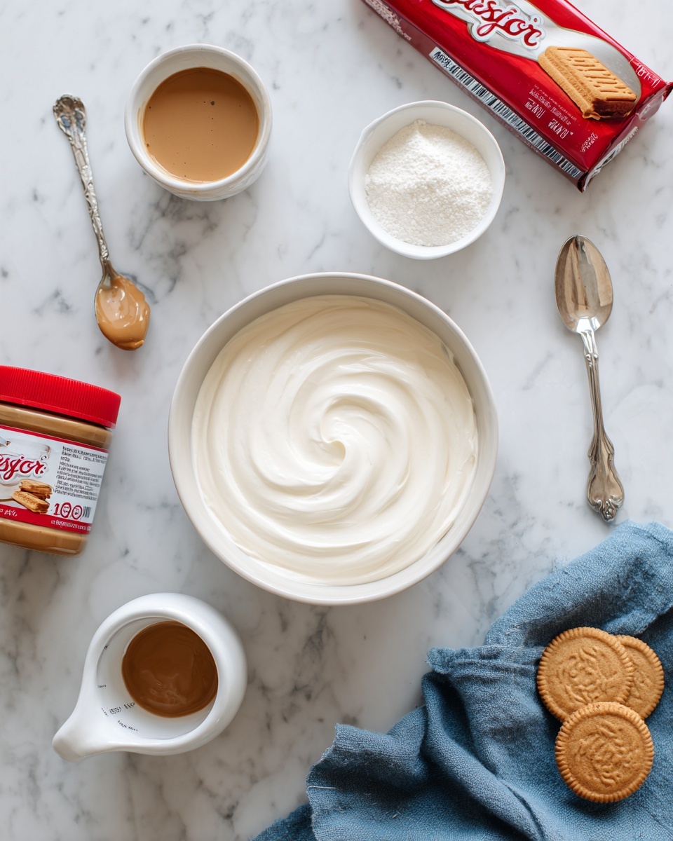 The image shows a white bowl filled with smooth white cream placed on a white marbled surface. Around the bowl, there are several items: a red and white Biscoff cookie package at the top, a small white bowl with white powder on the right, two light brown Biscoff cookies near the small bowl, a spoon with brown spread on the left, a small jar of Biscoff spread with a red lid and label on the bottom left, and a white measuring cup with liquid just above the spoon. A soft blue cloth is partially visible under the cookies on the bottom right. photo taken with an iphone --ar 4:5 --v 7