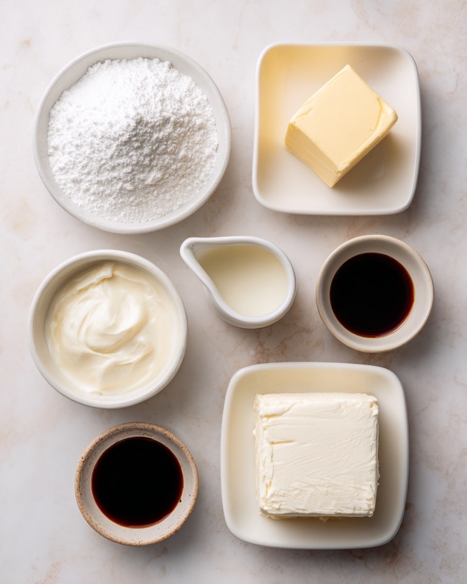 The image shows six small white bowls placed on a white marbled surface, each holding different baking ingredients. One bowl has a fluffy mound of powdered sugar in bright white. Next to it is a small cup of heavy cream, creamy and smooth with a light off-white color. A square of butter with a soft yellow shade sits on a white square dish, looking solid but slightly soft at edges. Another bowl holds a thick white block of cream cheese with a smooth texture. The last bowl contains dark brown vanilla extract, almost like a thin syrup, adding a strong dark contrast among the lighter colors. All the ingredients are evenly spaced and clearly visible. Photo taken with an iphone --ar 4:5 --v 7