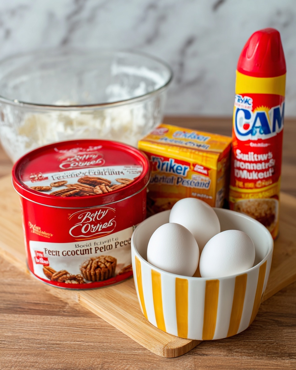 The image shows baking ingredients arranged on a wooden surface with a white marbled background. There is a white and yellow striped bowl holding three white eggs. Next to the bowl are three containers: a red tub of Betty Crocker Rich & Creamy Coconut Pecan frosting, a box of Betty Crocker Delights Super Moist Butter Pecan cake mix, and a bottle of Crisco vegetable oil. Additionally, there is a red and yellow can of PAM Original cooking spray positioned to the right, with a clear glass mixing bowl with some reflections behind the items. Photo taken with an iphone --ar 4:5 --v 7