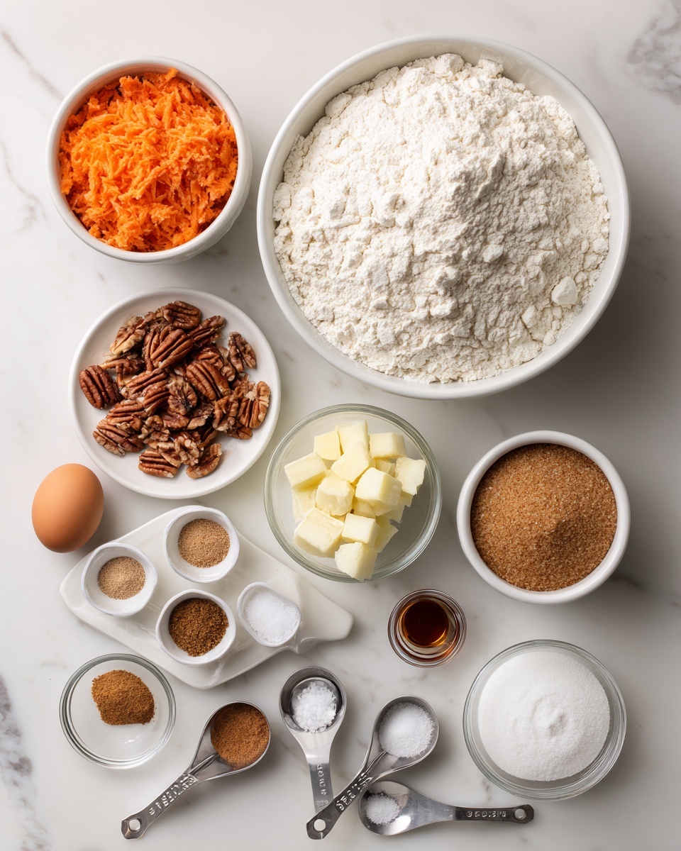 The image shows various baking ingredients arranged neatly on a white marbled surface. In the center is a large white bowl filled with white flour. To the right are two smaller white bowls holding light brown brown sugar and white granulated sugar. Below them, a small white bowl contains crushed pineapple, and next to it is a small glass dish holding salted butter cubes. On the left side, a white bowl holds grated orange carrot, while above it another white bowl has chopped pecans. In the center top is a white plate with small piles of ground spices labeled ginger, nutmeg, cinnamon, and cloves. Below the spices, three metal measuring spoons hold baking powder, salt, and baking soda, with one brown egg placed nearby. A tiny glass container with vanilla extract sits above the butter. All items are placed in an orderly manner, showing clear texture and color contrasts on a white marbled background. Photo taken with an iphone --ar 4:5 --v 7