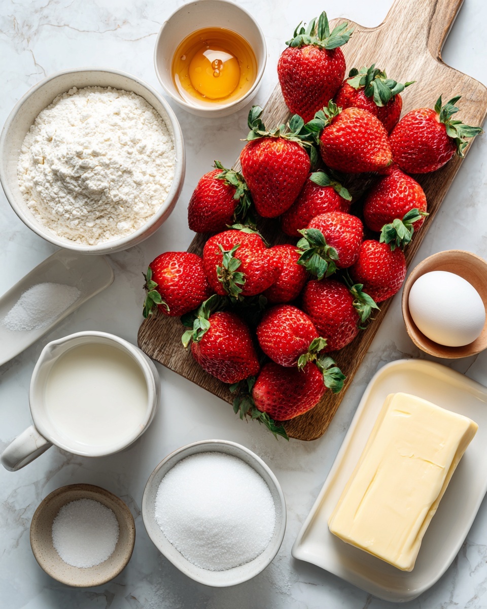 The image shows a flat wooden board filled with bright red strawberries with green leaves on top, placed on a white marbled surface. Around the board, there are several bowls and containers neatly arranged: a medium white bowl full of white flour, a smaller white bowl with white sugar, a small container with a golden liquid (likely honey or syrup), a white bowl with a white powder (likely baking powder), a white ceramic cup with milk, and a raw egg placed directly on the surface near the bowls. To the right side, there is a rectangular white plate holding a stick of butter. Photo taken with an iphone --ar 4:5 --v 7