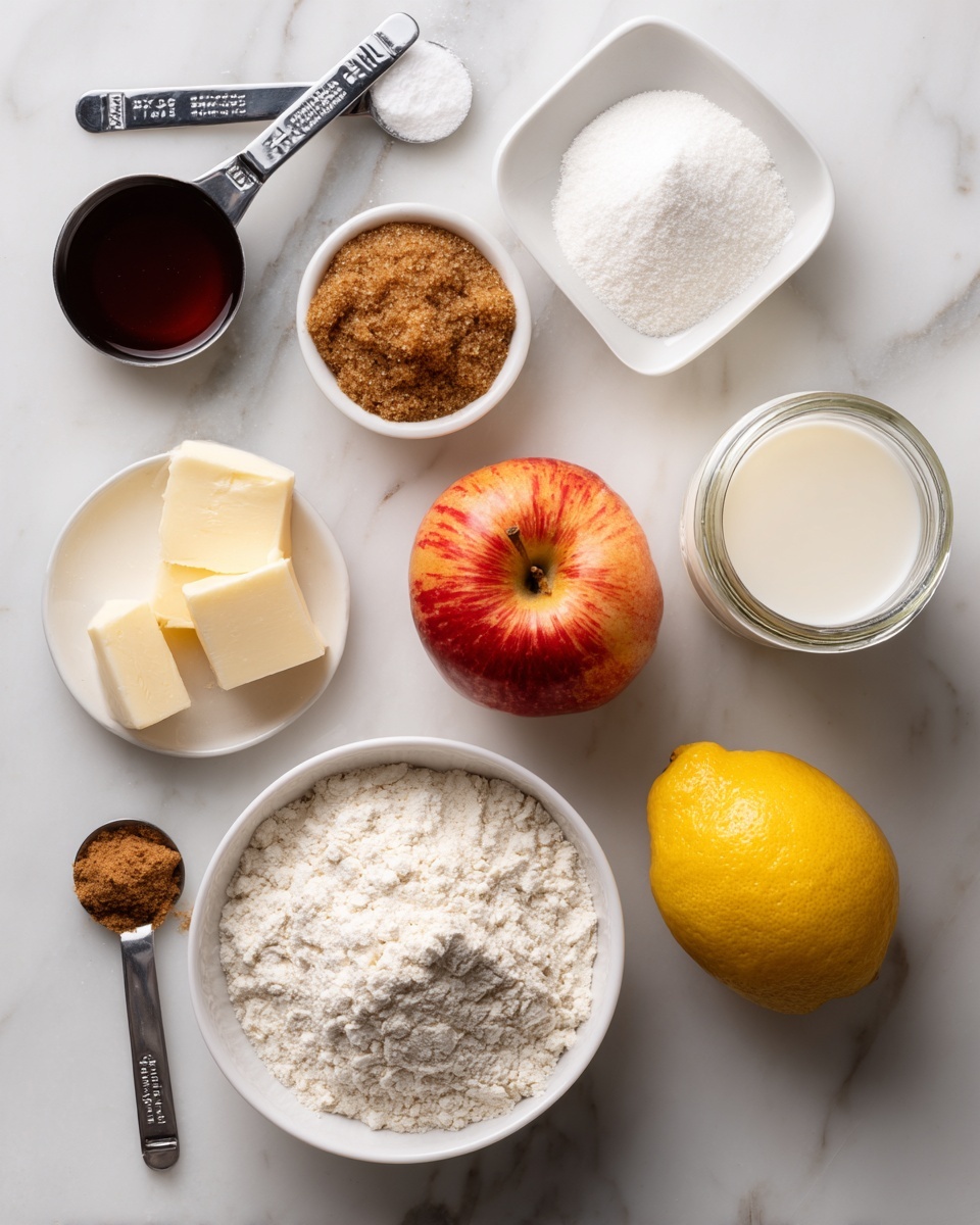 The image shows a white marbled surface with eight cooking ingredients neatly arranged. At the top left are three metal measuring spoons filled with dark brown liquid, white powder, and brown spice. Below these spoons, a small white bowl holds a light brown scoop of brown sugar. Next to it, a small white square of butter is placed. In the middle is a round, bright red apple with some shades of yellow. To the right, a small glass jar of white milk sits next to a whole bright yellow lemon. Finally, at the bottom center, a white bowl is filled with white flour, completing the ingredient layout. Photo taken with an iphone --ar 4:5 --v 7