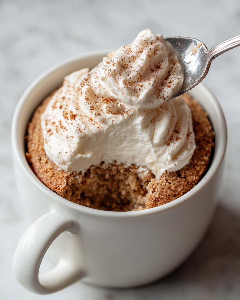 A white ceramic cup holds a soft, crumbly cake layer in light brown color with a coarse texture, filling most of the cup's inside. On top of the cake, there is a thick layer of white whipped cream with a smooth, fluffy texture and a slight sprinkle of light brown cinnamon powder. A silver spoon lifts a scoop of cake mixed with the whipped cream, showing the contrast between the crumbly cake and smooth cream. The whole scene is set on a white marbled surface. photo taken with an iphone --ar 4:5 --v 7
