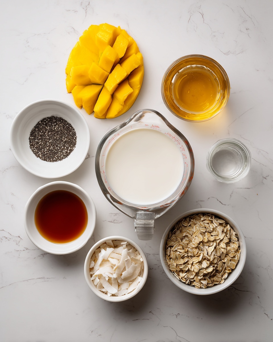 The image shows ingredients arranged on a white marbled surface, all in white bowls except for a clear glass measuring cup in the center filled with white coconut milk. To the top left, there is a bright yellow sliced fresh mango. To the left of the coconut milk, a white bowl holds small dark chia seeds with a slightly rough texture. Below it, another white bowl contains smooth maple syrup in a rich amber color. To the bottom right of the measuring cup, a white bowl is filled with light beige toasted coconut flakes showing curved, thin layers. On the top right, a white bowl contains light brown rolled oats with a dry, coarse texture. A small clear glass with amber vanilla liquid sits next to it. The overall setup is clean, bright, and displayed neatly as ingredients for a dish, photo taken with an iphone --ar 4:5 --v 7