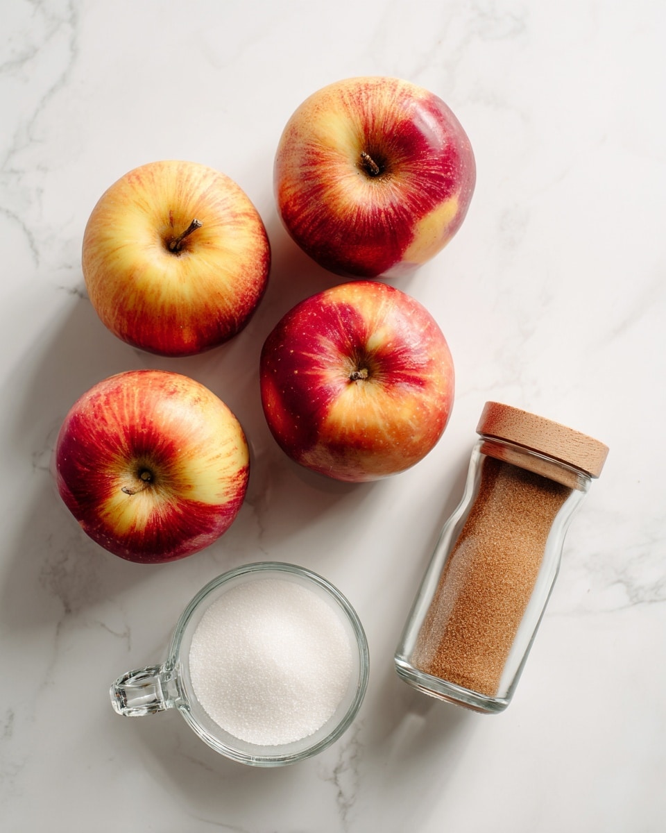 Four whole apples with red and yellow skin are placed on a white marbled surface in a loose diamond shape on the left side. To the right of the apples, there is a small clear glass bottle with a light brown wooden lid, filled with light brown cinnamon sugar. Below this bottle, a small white dish filled with white granulated sugar is visible. Near the bottom left corner, a clear glass measuring cup with a handle holds some white liquid. The photo is bright and clean with soft shadows. Photo taken with an iphone --ar 4:5 --v 7