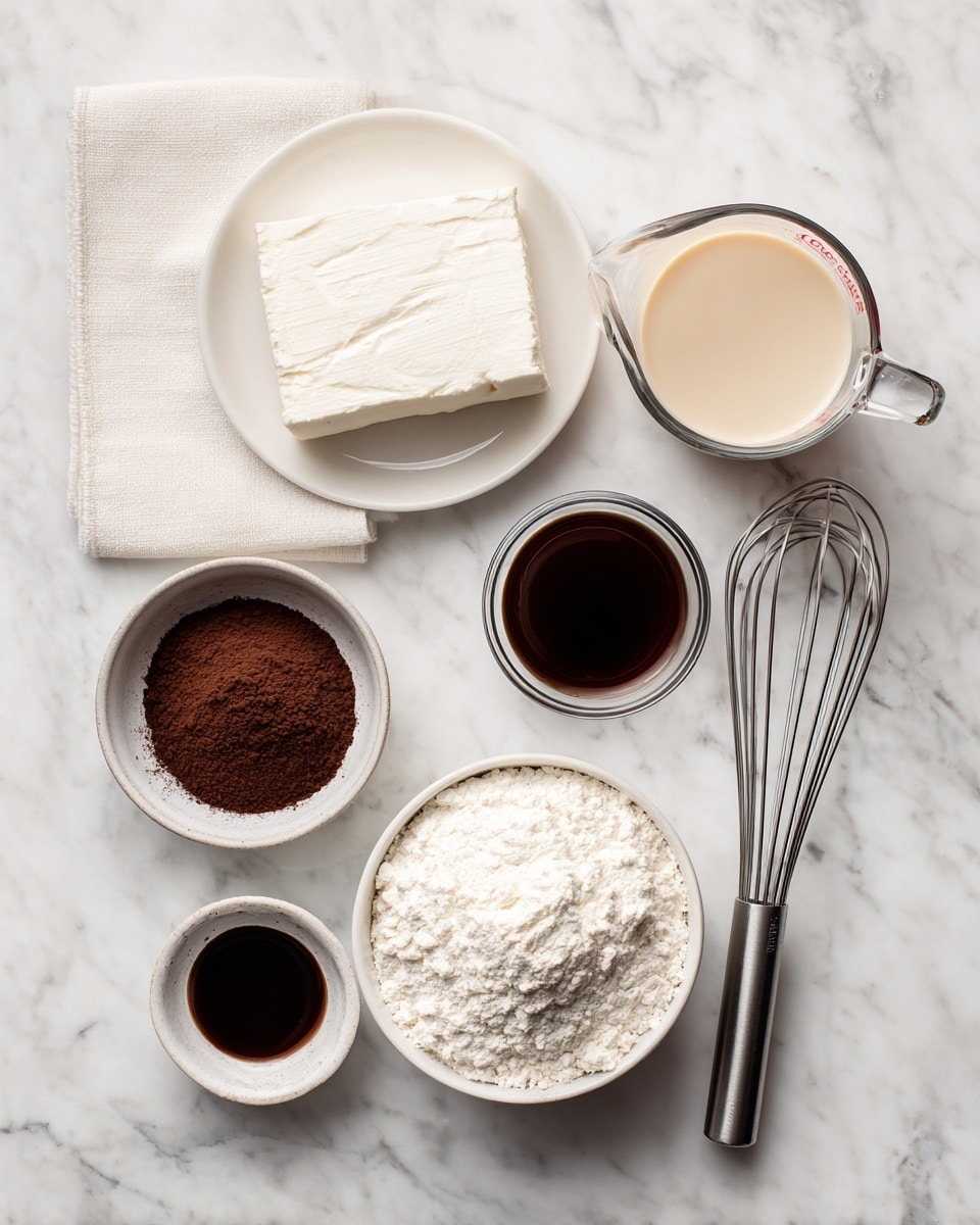 A white marbled surface with six items arranged neatly: on the top left, a white cloth; next to it, a round white plate holding a white block of cream cheese; to the right, a clear glass measuring cup filled with a light beige liquid; below the cream cheese, a small clear bowl with dark brown vanilla extract; next to it, a small white bowl filled with dark brown cocoa powder; and below all, a larger clear bowl filled with white flour. Two silver metal whisks rest on the right side beside the measuring cup. photo taken with an iphone --ar 4:5 --v 7