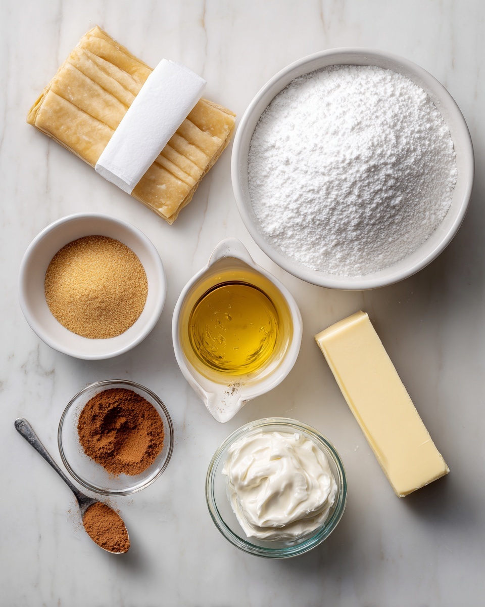 A top view of baking ingredients arranged on a white marbled surface, including a large white bowl filled with fine white powdered sugar at the center right, a small clear measuring cup with golden vanilla liquid to its lower right, and a small white bowl holding melted light yellow butter below a white bowl with golden brown sugar near the top left. To the far left lies a folded piece of light beige puff pastry, while a small square glass container with thick white cream cheese sits near the bottom center. A silver teaspoon with a small heap of brown cinnamon powder is placed above the brown sugar bowl, and a stick of butter wrapped in white paper is positioned next to the vanilla cup on the right photo taken with an iphone --ar 4:5 --v 7