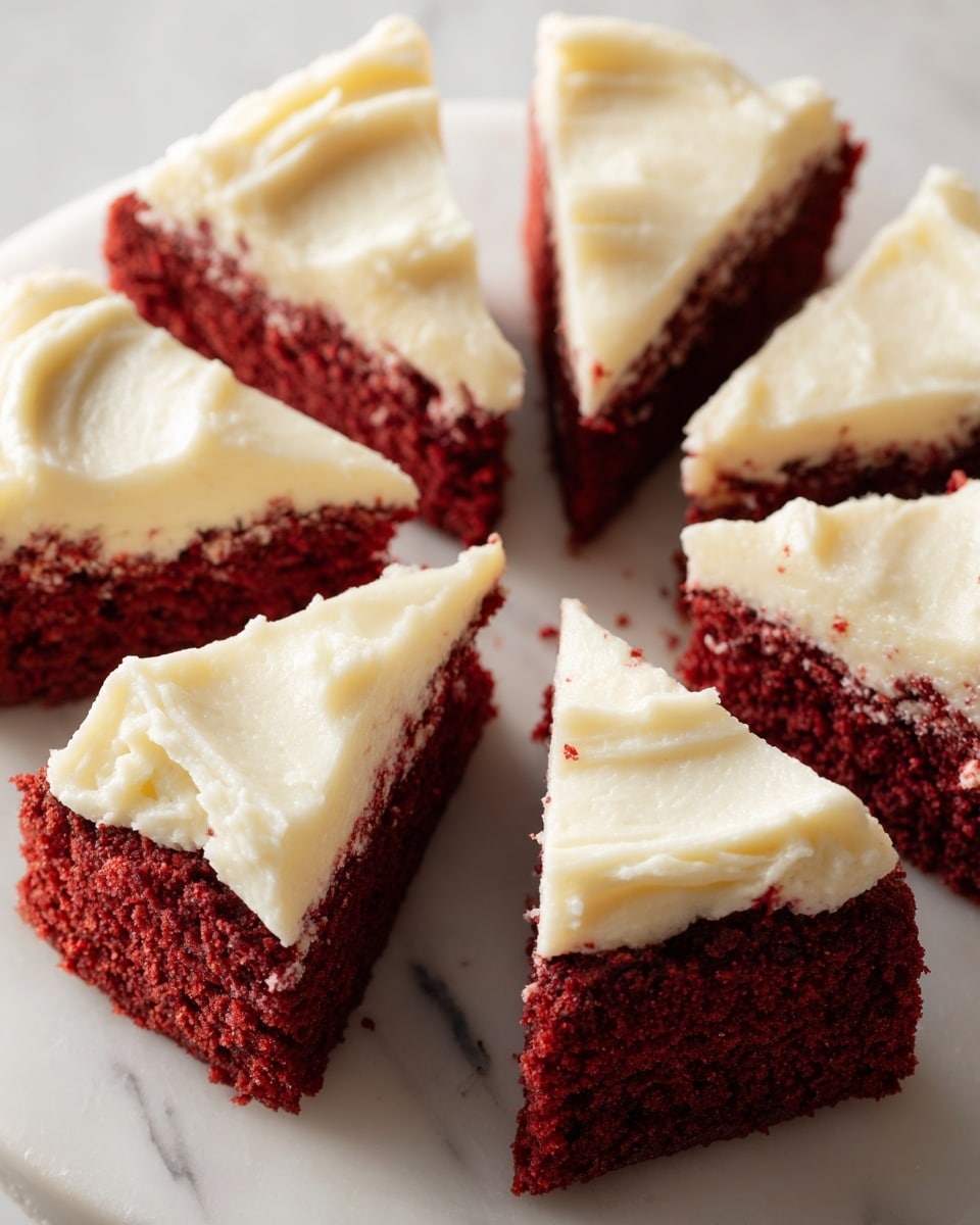 A round red velvet cake is sliced into six pieces on a white marbled surface. Each piece shows one layer of deep red cake topped with a thick, smooth layer of creamy white frosting that has soft swirls. Some cake pieces reveal moist, dense textures, while others display the clean line where the frosting meets the cake. Crumbs are scattered lightly around the pieces, and a silver fork rests nearby. photo taken with an iphone --ar 4:5 --v 7