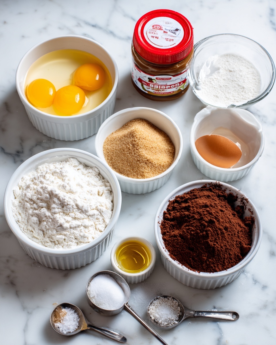The image shows several white ramekins and bowls arranged on a white marbled surface, each holding different baking ingredients. There are two eggs cracked in one ramekin with a yellow yolk and clear whites, a mound of light brown sugar in another ramekin, a small ramekin filled with golden liquid vanilla extract, and a ramekin filled with white granulated sugar. Another ramekin holds a heap of dark brown cocoa powder, while a larger white bowl contains white flour. Behind these is a clear glass measuring cup with melted butter inside. Two metal measuring spoons lie in front, one containing a dark brown powder and the other with white salt. A jar of creamy Biscoff spread with a red lid is placed near the back. The overall setting is clean and well-lit. Photo taken with an iphone --ar 4:5 --v 7
