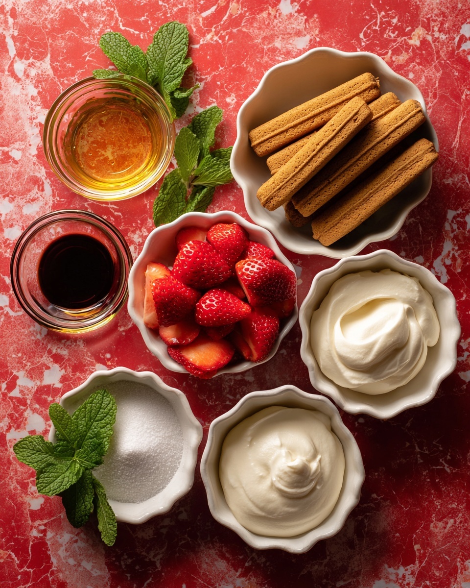 The image shows a flat lay of various ingredients arranged on a red textured surface, changed to a white marbled texture. There are seven small white bowls: one with bright red sliced strawberries with juicy texture on top right, one below it filled with golden brown Biscoff biscuits standing upright, another bowl with smooth off-white heavy cream towards the top right corner, a bowl with pure white granulated sugar in the center, a bowl with white icing sugar in the bottom left, a small bowl with dark vanilla extract on the left, and a small glass container with clear orange liqueur on the upper left. Fresh green mint leaves are placed near the sugar bowls for color contrast. All the bowls have scalloped edges, creating a neat and inviting look. photo taken with an iphone --ar 4:5 --v 7