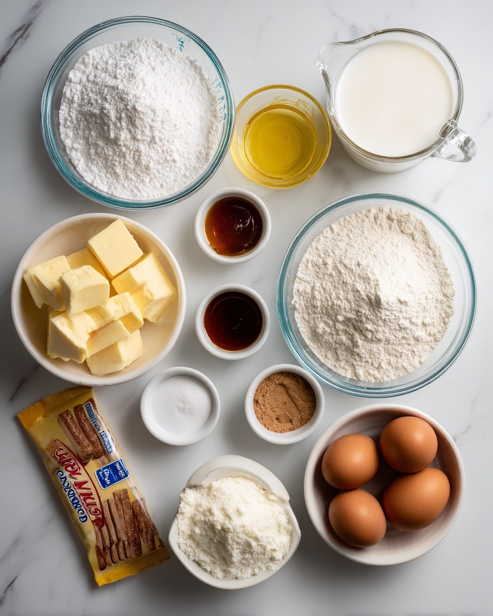 The image shows a top view of various baking ingredients neatly arranged on a white marbled surface. Starting from the top left, there is a clear glass bowl filled with white powdered icing sugar, followed by a clear measuring cup filled with white milk on the top right. Next to it, there is another clear measuring cup holding light yellow oil. Below the icing sugar, there is a smaller clear glass bowl filled with light yellow unsalted butter cubes. In the center, there are three small white ramekins containing dark brown cinnamon, amber-colored vanilla extract, and white salt. To the right, a large clear glass bowl holds white self-raising flour. Near the bottom left, a white bowl is filled with white granulated sugar, and next to it is a packet of Lotus biscuits, a jar of Biscoff spread, and a block of Philadelphia cream cheese. At the bottom right, there is a white bowl holding five brown eggs. Everything is organized clearly with ingredients labeled in black text. Photo taken with an iphone --ar 4:5 --v 7