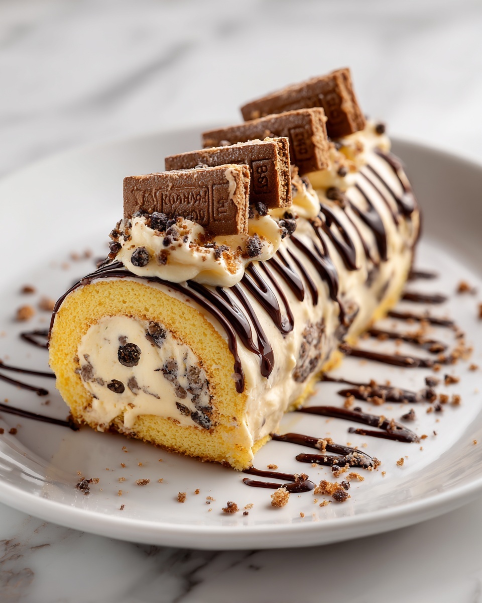 A roll cake on a white plate with three visible layers of light yellow sponge cake filled with a creamy coffee-colored filling. The top is covered with rectangular brown cookies lined up closely, each with an embossed pattern and drizzled with light brown sauce in a zigzag pattern. The white marbled texture surface is visible around the plate. Photo taken with an iphone --ar 4:5 --v 7