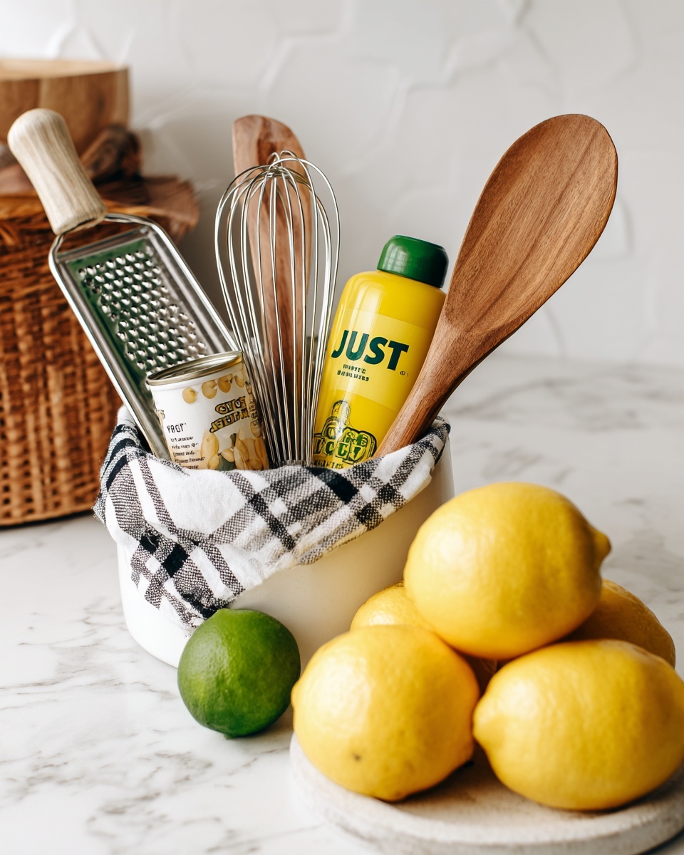 The image shows a white bowl filled with wooden and metal kitchen tools including a whisk, a wooden spatula with a black and white checkered cloth wrapped around the top, and a metal grater with a green handle. Inside the bowl, there is also a yellow bottle labeled