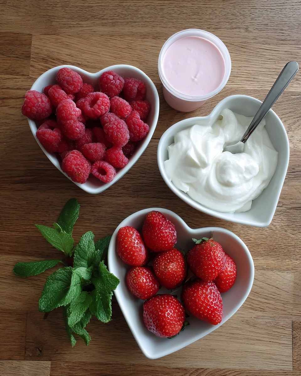 The image shows a wooden surface with four items arranged neatly: a container of smooth white non-dairy whipped topping with a spoon inside on the right, a small container of light pink vegan berry yogurt at the top left, a white heart-shaped bowl filled with bright red raspberries below the yogurt, and another white heart-shaped bowl filled with fresh red strawberries with green tops below that. Fresh green mint leaves with visible veins are placed next to the strawberries on the left side, adding a touch of color contrast. The scene is clean and simple with natural lighting. photo taken with an iphone --ar 4:5 --v 7