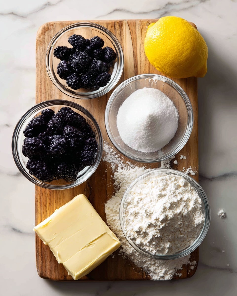 A wooden board holds five clear glass bowls arranged neatly: one bowl is filled with black berries, another with white all-purpose flour with some flour spilled beside it, a third with white sugar, and a small bowl contains a pale yellow block of vegan butter. A whole bright yellow lemon is placed near the center, completing the simple and clean arrangement. The background is changed to a white marbled texture. photo taken with an iphone --ar 4:5 --v 7