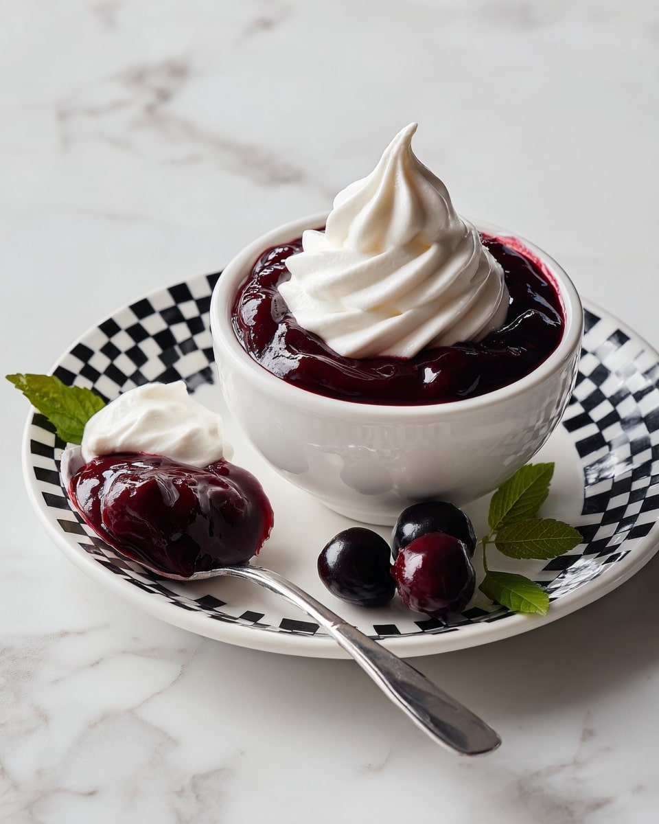 A small white round ramekin holds a dessert with two visible layers: a deep red berry compote at the bottom with a smooth, thick texture, and a swirl of fluffy white whipped cream on top, slightly peaked in the center. The ramekin is placed on a white plate with a black and white checkered pattern. Beside the ramekin, on the plate, there is a silver spoon holding a scoop of the dessert, showing the red berry layer beneath the white cream. Next to the spoon are three fresh blackberries and a green leaf with a textured surface. The whole setup rests on a white marbled surface. Photo taken with an iphone --ar 4:5 --v 7