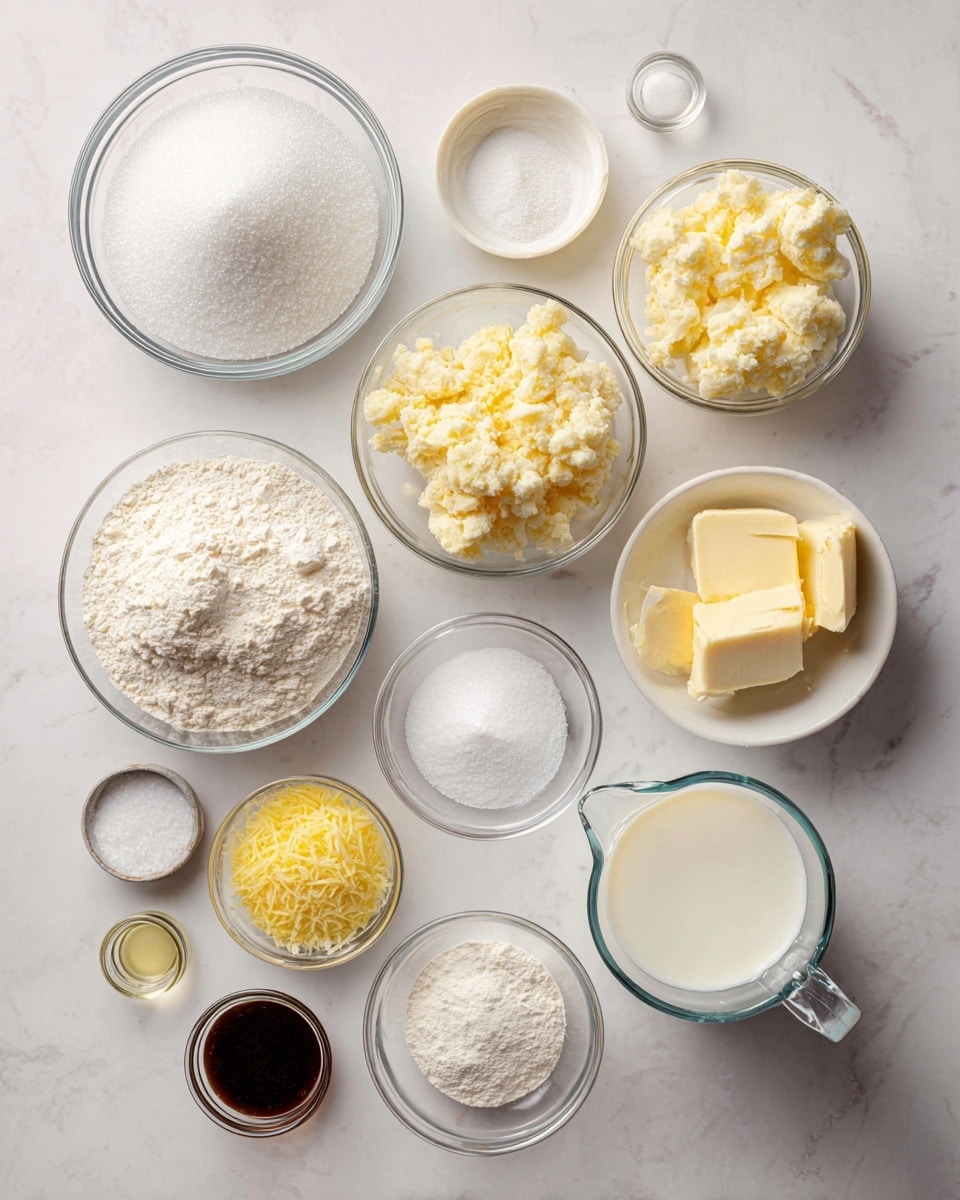 The image shows a collection of clear glass bowls and a small glass pitcher arranged neatly on a white marbled surface. There are twelve containers in total, each holding a different baking ingredient: a large bowl of white sugar granules at the top left, a medium bowl of crumbly pale yellow vegan butter at the middle right, a medium bowl of off-white all-purpose flour at the bottom left, and a clear glass pitcher filled with white non-dairy milk at the bottom right. Smaller bowls with white powder labeled egg replacer and baking soda & powder sit near the center and lower right respectively. A tiny bowl of fine white salt is close to the bottom middle. At the top right, a small bowl with translucent pale yellow lemon juice and a smaller bowl with clear white vinegar can be seen. A bowl with finely grated yellow lemon zest is at the middle left, and a tiny bowl of dark brown vanilla is near its bottom right. All items appear clean and distinct, set on the smooth white marbled surface. photo taken with an iphone --ar 4:5 --v 7