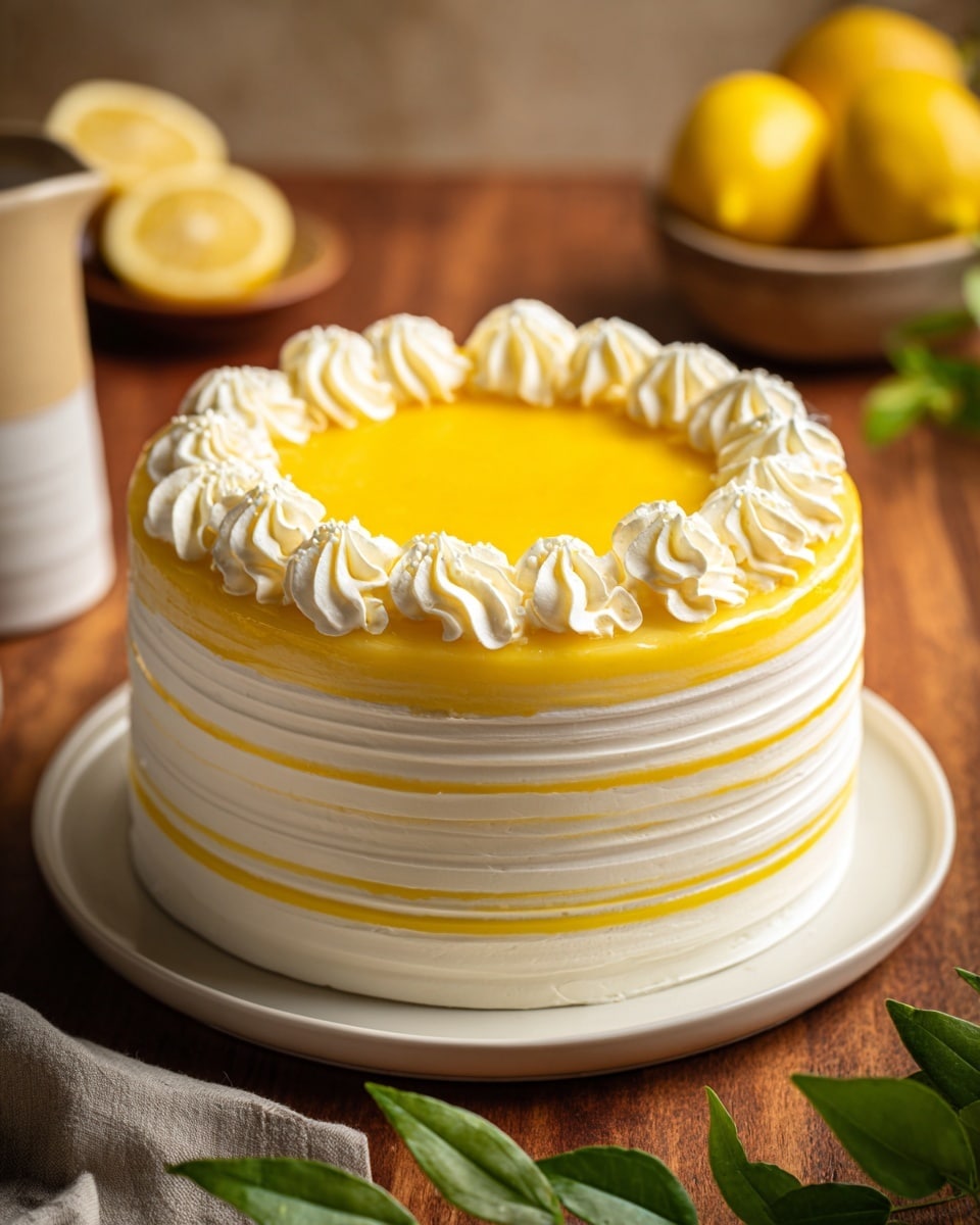 A round cake with three main layers is shown, sitting on a white plate. The bottom and side layers are covered with smooth white cream that has horizontal ridges circling the sides. The top layer is a smooth, bright yellow lemon glaze covering the entire surface. Around the edge of the top layer, there is a thick ring of white whipped cream rosettes with a fluffy texture. The cake is placed on a wooden surface with green leaves in the foreground and a white bowl with lemons in the background, all against a white marbled texture. Photo taken with an iphone --ar 4:5 --v 7