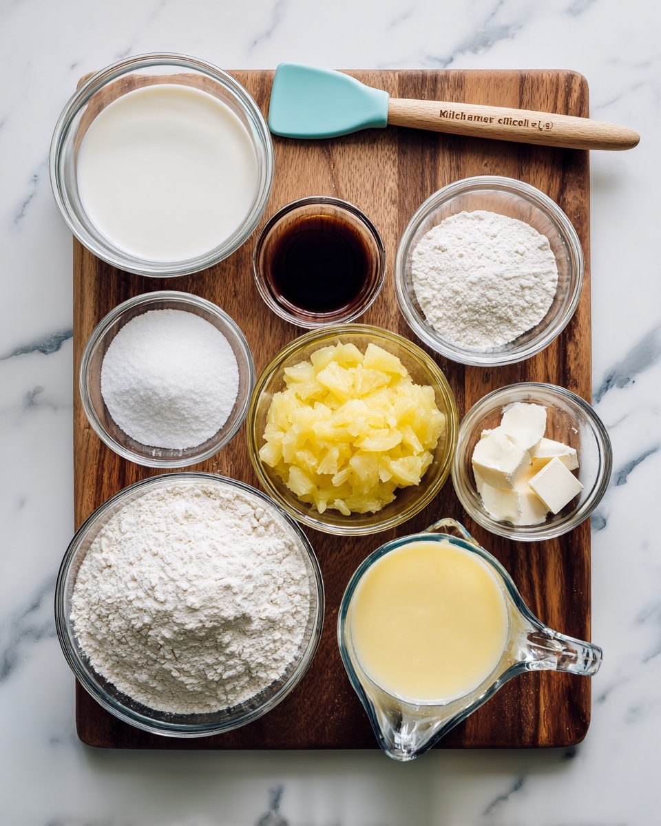 The image shows a wooden board with nine clear glass bowls and one clear glass measuring cup arranged in a loose circle. Each bowl contains different baking ingredients labeled clearly: the largest bowl at the bottom holds white all-purpose flour with a powdery texture, above it to the left is a bowl with smooth white coconut milk, above that is a dark liquid in a small bowl labeled vanilla & rum extract. Moving clockwise, a small bowl contains white powder labeled baking powder, soda, & salt. To its right, a bowl holds fine white powder labeled vegan egg replacer, above that is a bowl filled with crushed yellow pineapple, and next to it is a bowl of white sugar with a grainy surface. Below the sugar is a bowl with a soft yellow creamy substance labeled vegan butter, and to the right of that is a clear glass measuring cup filled with light yellow pineapple juice. A blue spatula with a wooden handle labeled KitchenAid rests in the top center of the board. The background is a white marbled texture. photo taken with an iphone --ar 4:5 --v 7