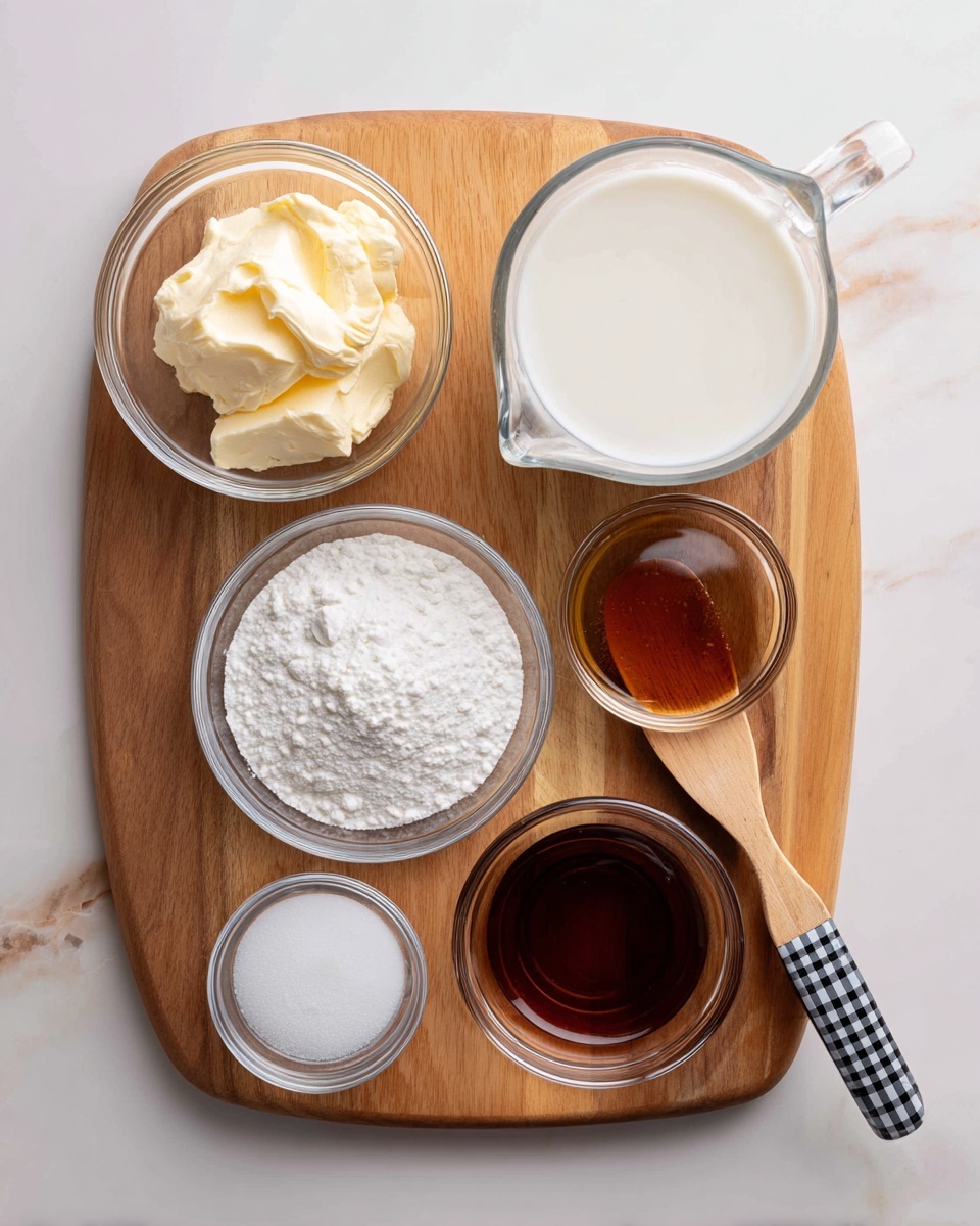 A top view shows six clear glass bowls and a clear glass measuring cup filled with cooking ingredients arranged on a wooden board. Starting from the top, one small bowl holds a pale yellow scoop of vegan butter with a smooth, slightly creamy texture. To its right, a large clear measuring cup contains white non-dairy milk, looking smooth and opaque. Below that, a bowl is filled with white granulated sugar, showing a fine grainy texture. To the left, another small bowl has white cornstarch with a powdery surface. Above that is a small bowl with white salt, finely granular. Below the salt, a small bowl contains dark amber vanilla liquid, shiny and smooth. A wooden spatula with a black-and-white checkered silicone head lies diagonally across the board. The whole scene is neat and clean, set on a white marbled surface. Photo taken with an iphone --ar 4:5 --v 7
