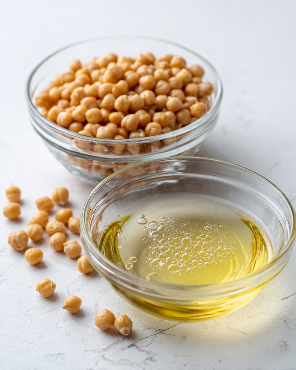 The image shows two clear glass bowls on a white marbled surface, one bowl is filled with light brown chickpeas packed closely together, while the other bowl contains a light yellowish liquid with small bubbles on the surface. A few chickpeas are scattered loosely on the white marbled surface in front of the bowls. The background is a plain, neutral color. photo taken with an iphone --ar 4:5 --v 7