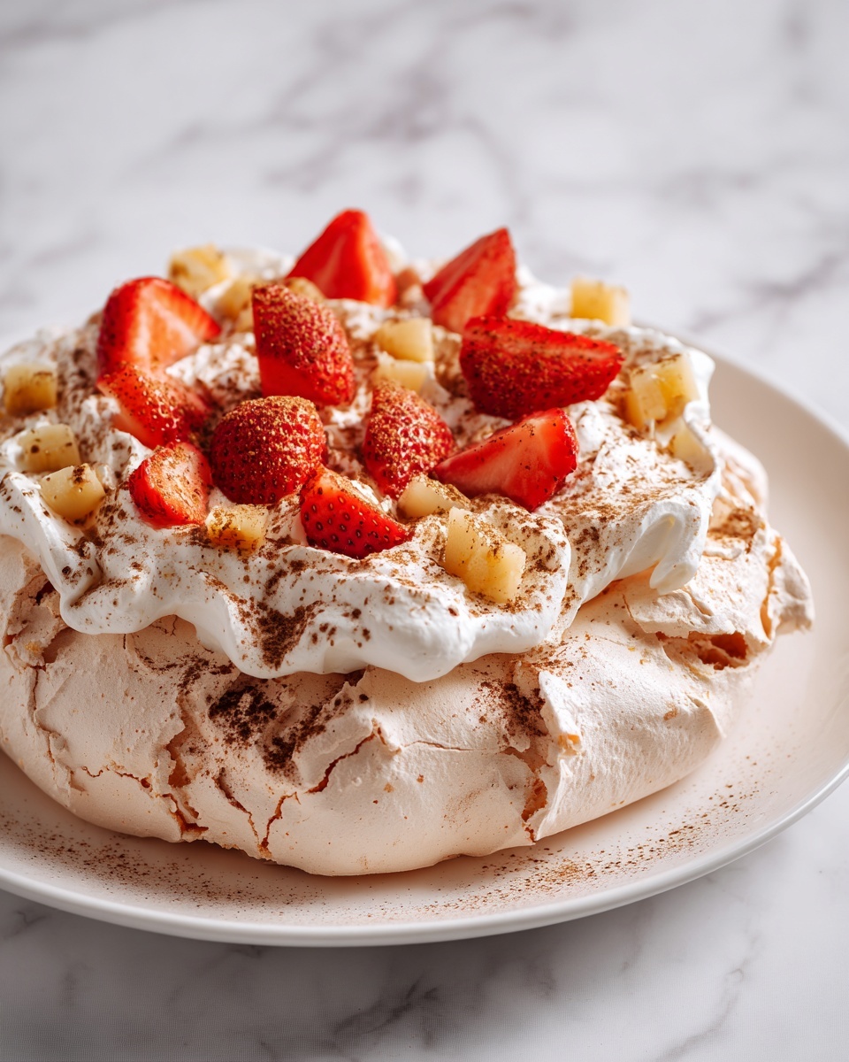 A round dessert has a base layer of light brown meringue with a rough, cracked texture and small peaks around the edges. On top of the meringue, there is a layer of fresh, whole red strawberries and small yellow fruit pieces evenly spread. The fruits are covered with a creamy white sauce that drips slightly, sprinkled with a fine layer of brown powder. The dessert sits on a white plate on a white marbled surface. photo taken with an iphone --ar 4:5 --v 7