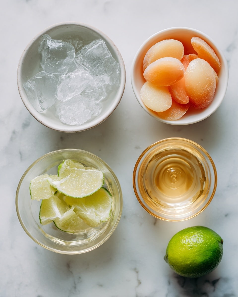 The image shows different ingredients on a white marbled surface. In the top left, there is a small white metal cup full of clear ice cubes, and next to it on the right, a small white metal cup holds several frosted frozen peach slices with orange and pale pink colors. Below them, a lime juicer with a light green tint contains squeezed lime halves with a pale green inside and a few lime seeds visible. To the right, there is a clear glass cup with simple syrup, showing a light golden liquid inside. Below the syrup, there is a clear glass cup with tequila, revealing a pale golden liquid. At the bottom, there is a fresh lime half with a bright green outside and pale green juicy inner sections. photo taken with an iphone --ar 4:5 --v 7