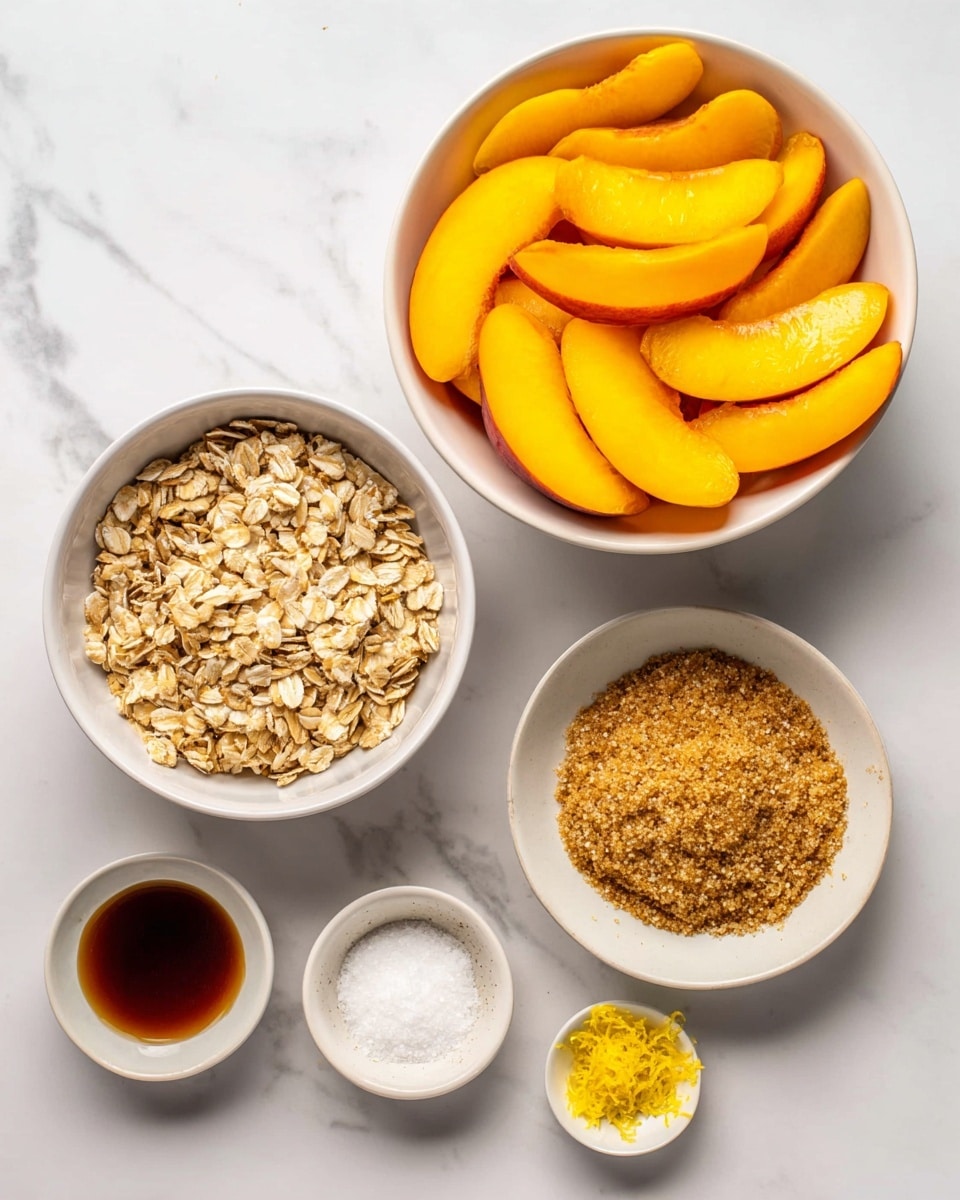 The image shows six white bowls on a white marbled surface. The largest bowl at the top center is filled with bright orange-yellow peach slices with smooth, slightly glossy skins. Below it, a medium bowl contains a coarse, crumbly oat topping made of oats and nuts in light and dark beige colors. To the right of the peaches is a small bowl with golden brown sugar, and above it a tiny bowl holds a dark amber vanilla liquid. At the bottom left, a small bowl contains light brown cinnamon, nutmeg, and salt spices. Finally, at the bottom right, the smallest bowl has a small pile of bright yellow lemon zest and white tapioca starch powder. The arrangement is neat with clear labeling on each bowl. Photo taken with an iphone --ar 4:5 --v 7