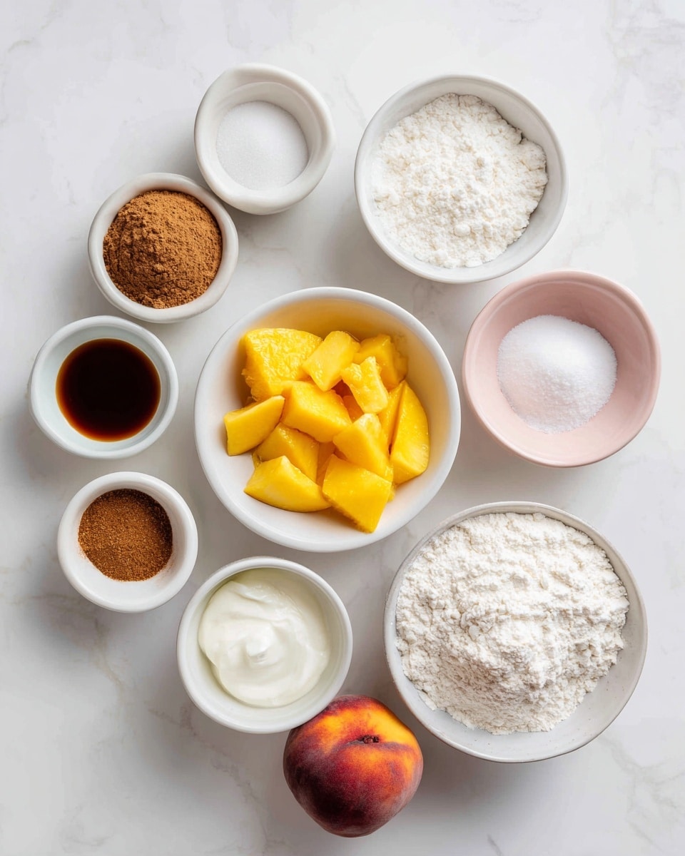This image shows several small bowls and a white bowl arranged neatly on a white marbled surface, each holding different ingredients. There is one white bowl with chopped yellow fruit and a peach half on top in the center. Surrounding it are small bowls with white sugar, brown sugar, an egg, baking soda, ground cinnamon, vanilla extract, and a white creamy ingredient likely cream cheese or yogurt. A pink bowl, changed to white, holds white flour. The colors are soft and natural, with a clean and organized look. The photo was taken from above in bright light. Photo taken with an iphone --ar 4:5 --v 7