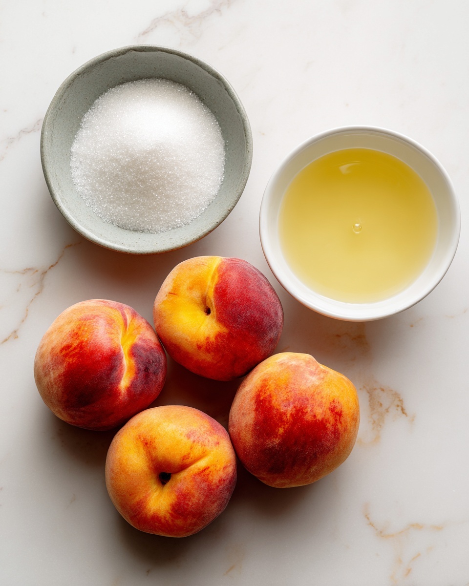 A round gray bowl filled with white granulated sugar sits on a white marbled surface at the top left, next to a small white bowl on the right filled with light yellow lemon juice. Below them, seven whole peaches with bright orange and red skin are arranged casually on the same white marbled surface. The plain background keeps the focus on the simple, fresh ingredients. photo taken with an iphone --ar 4:5 --v 7